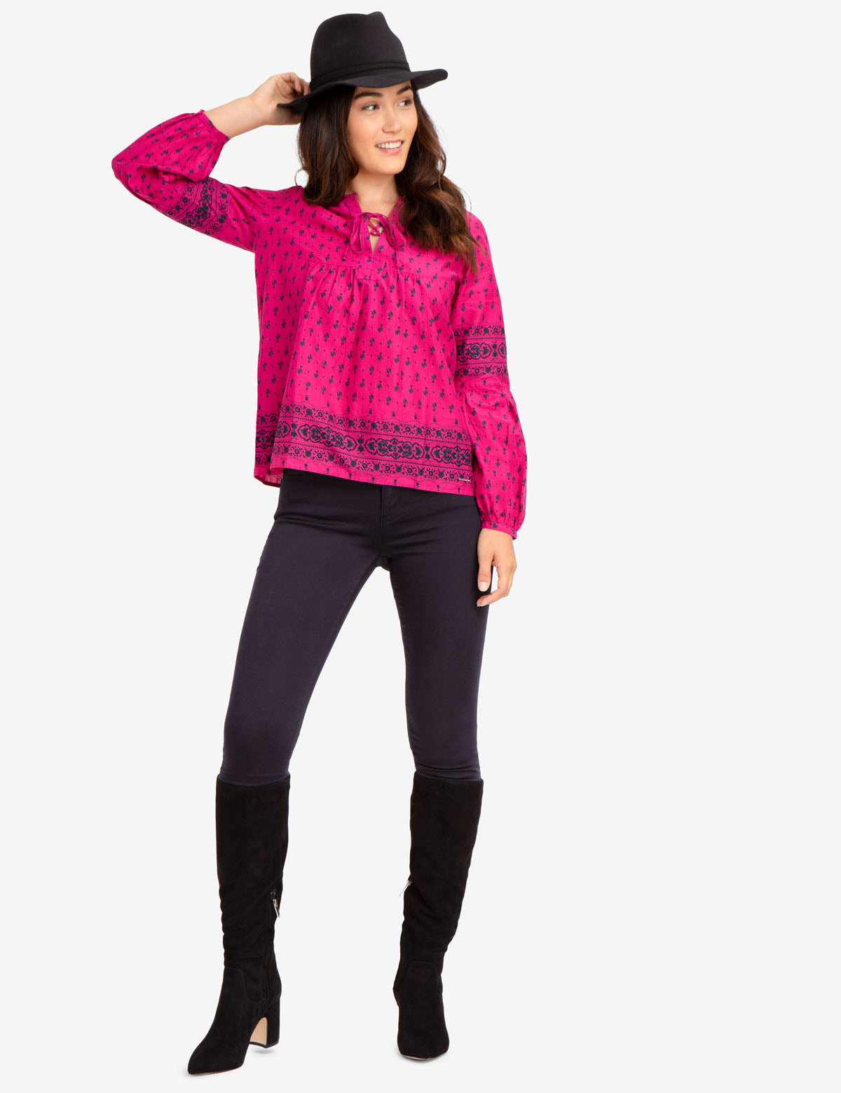 Floral Print Cotton Lace-Up Shirt with Long Sleeves