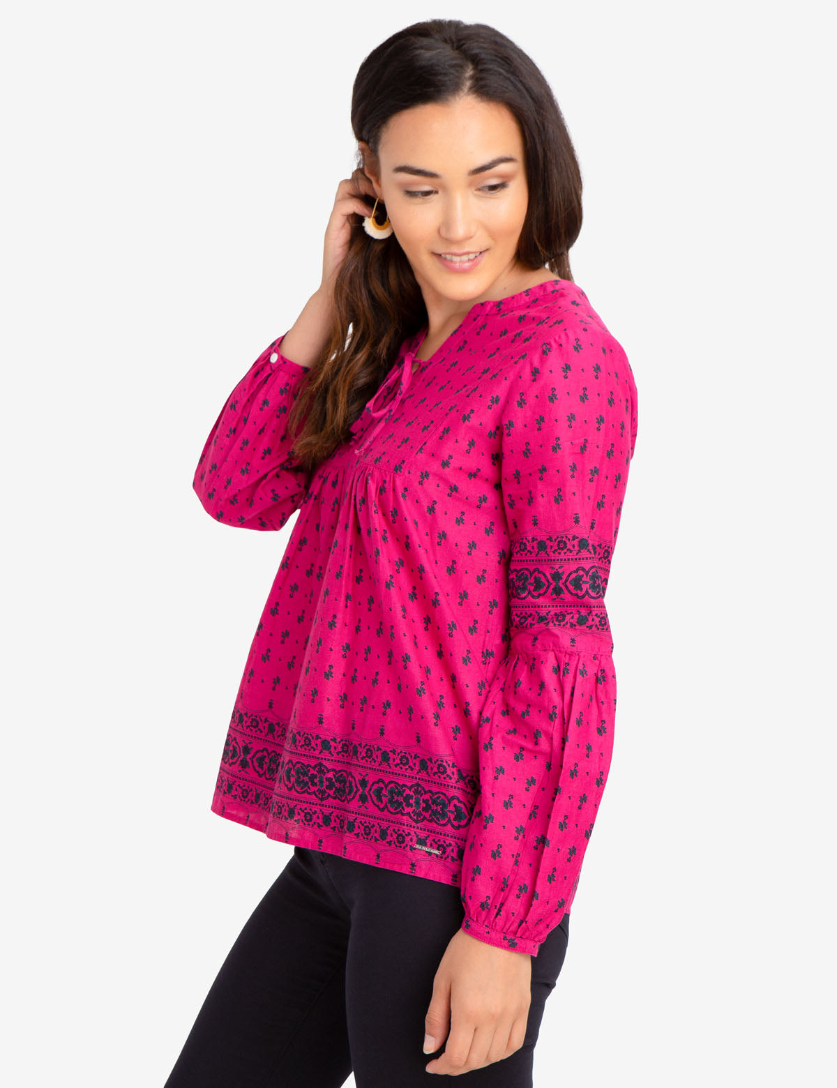 Floral Print Cotton Lace-Up Shirt with Long Sleeves