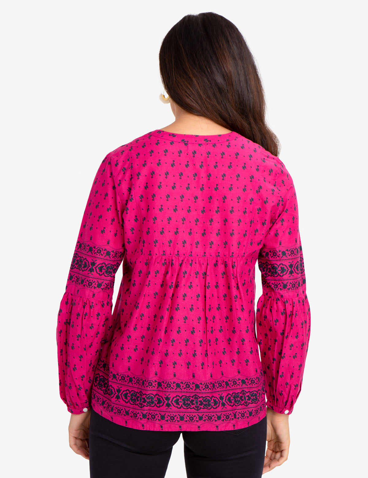 Floral Print Cotton Lace-Up Shirt with Long Sleeves