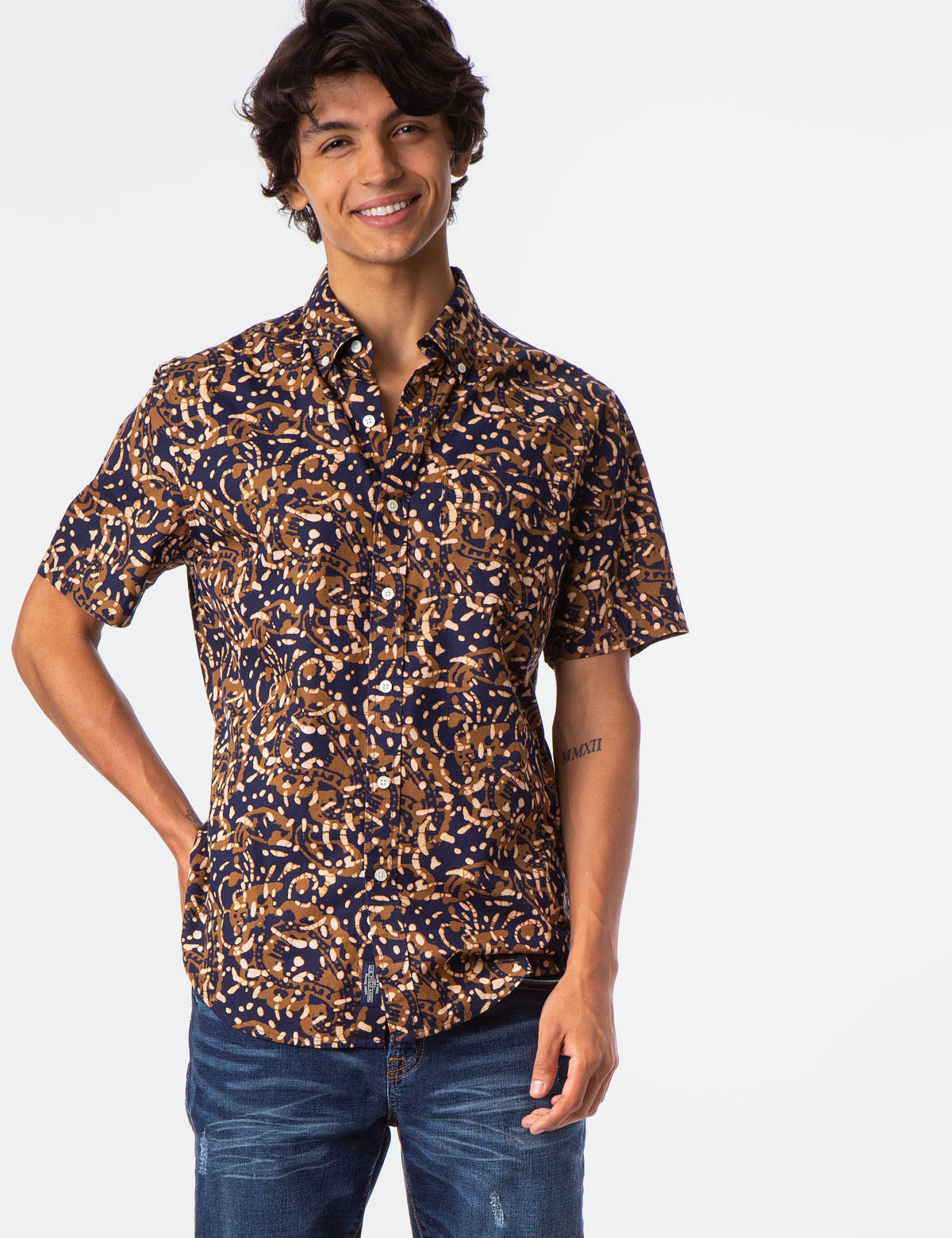 Men's Printed Cotton Short Sleeve Shirt - Casual Button Up