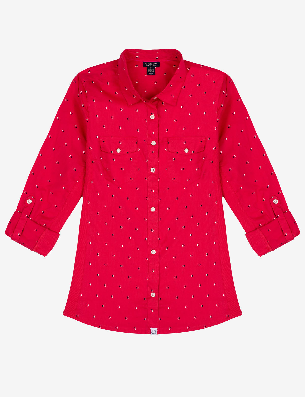 Printed Long Sleeve Button-Up Shirt with Rib Side Panels & Patch Pockets