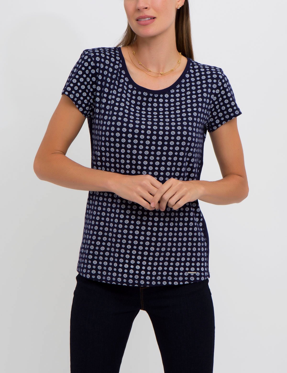 Floral Print Round Neck T-Shirt with Metal Bar Logo