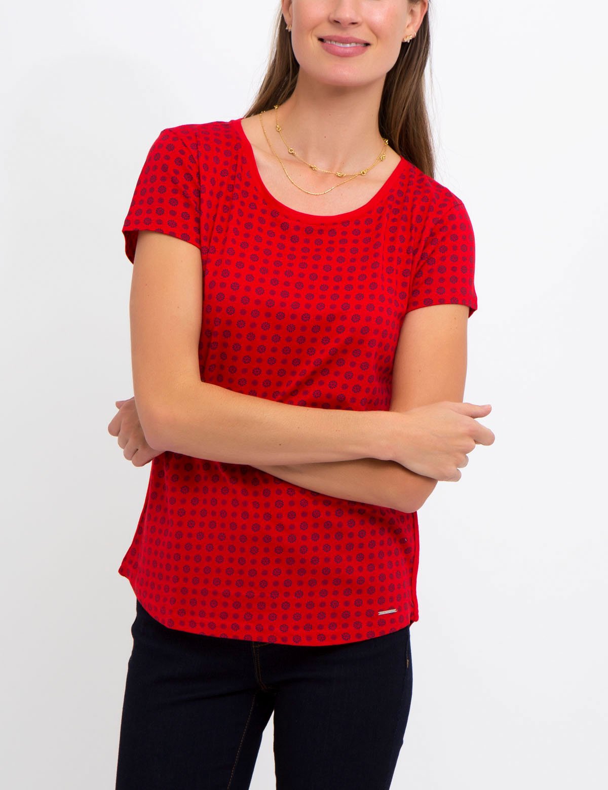 Floral Print Round Neck T-Shirt with Metal Bar Logo