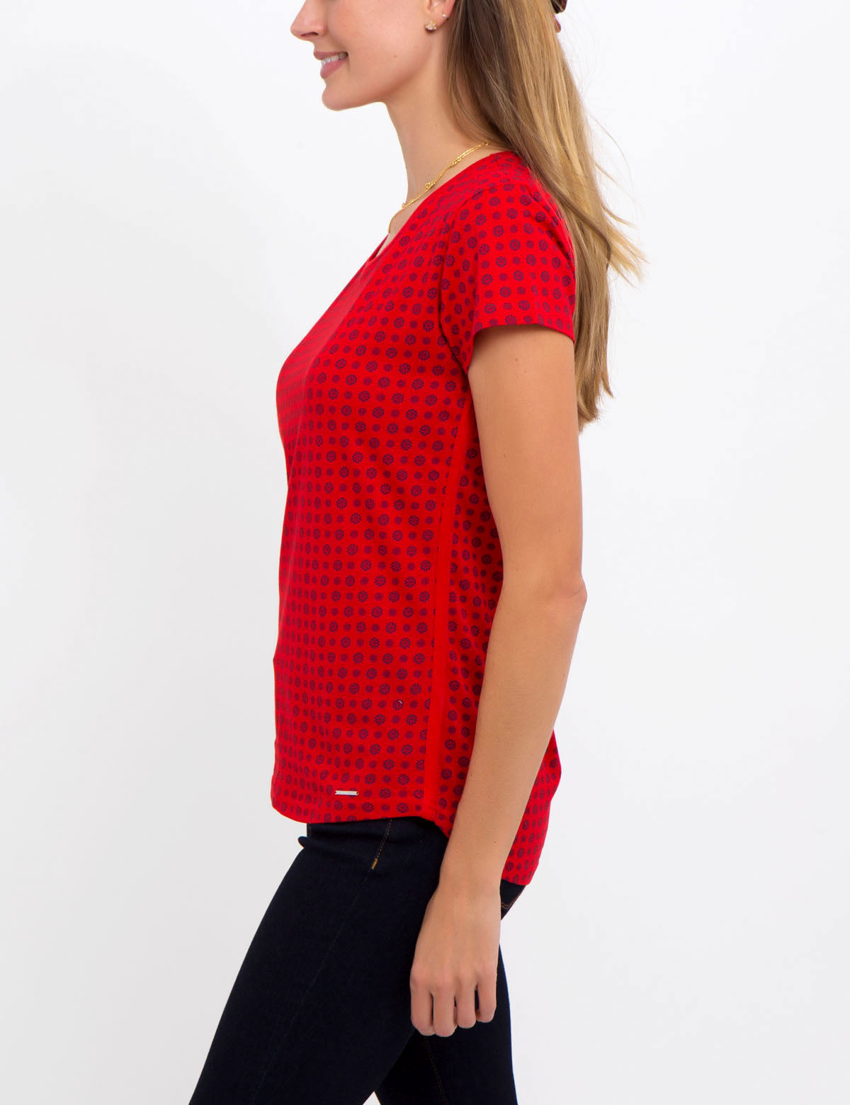 Floral Print Round Neck T-Shirt with Metal Bar Logo
