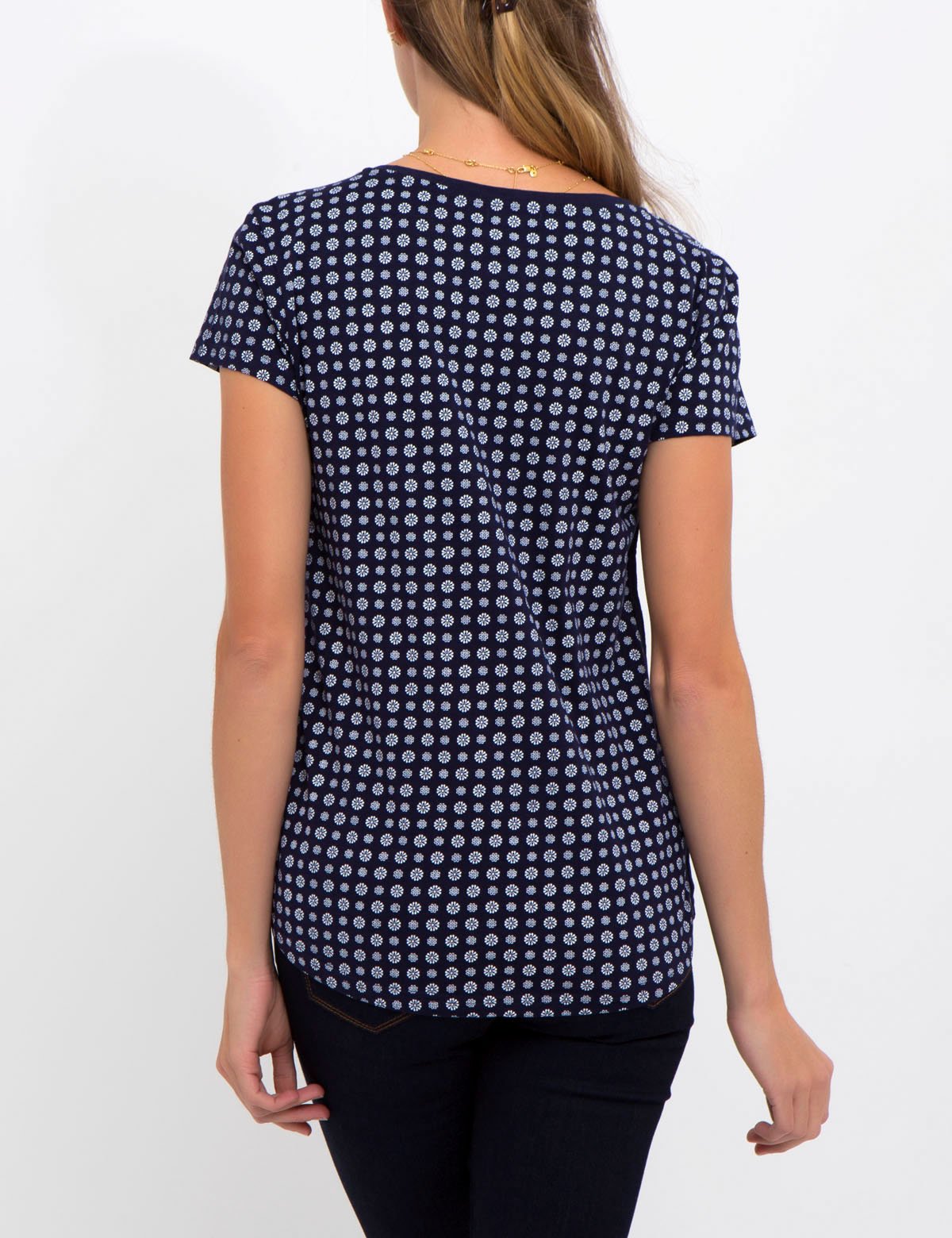 Floral Print Round Neck T-Shirt with Metal Bar Logo