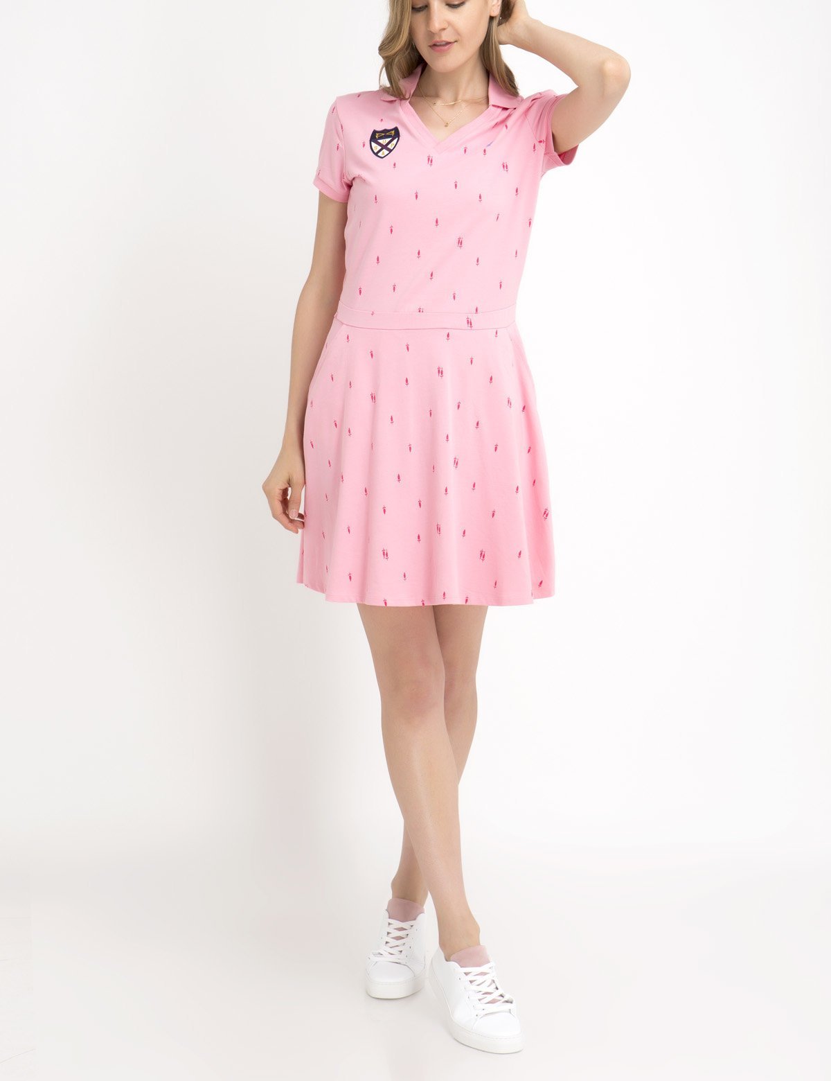 Women's Cotton V-Neck Pocket Dress with Embroidered Logo