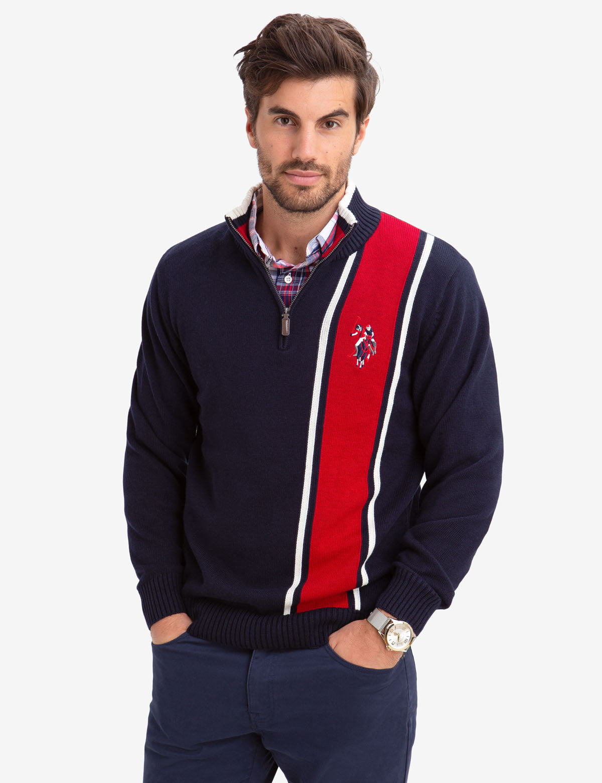 Men's Quarter Zip Sweater with Multi-Color Logo & Striped Design
