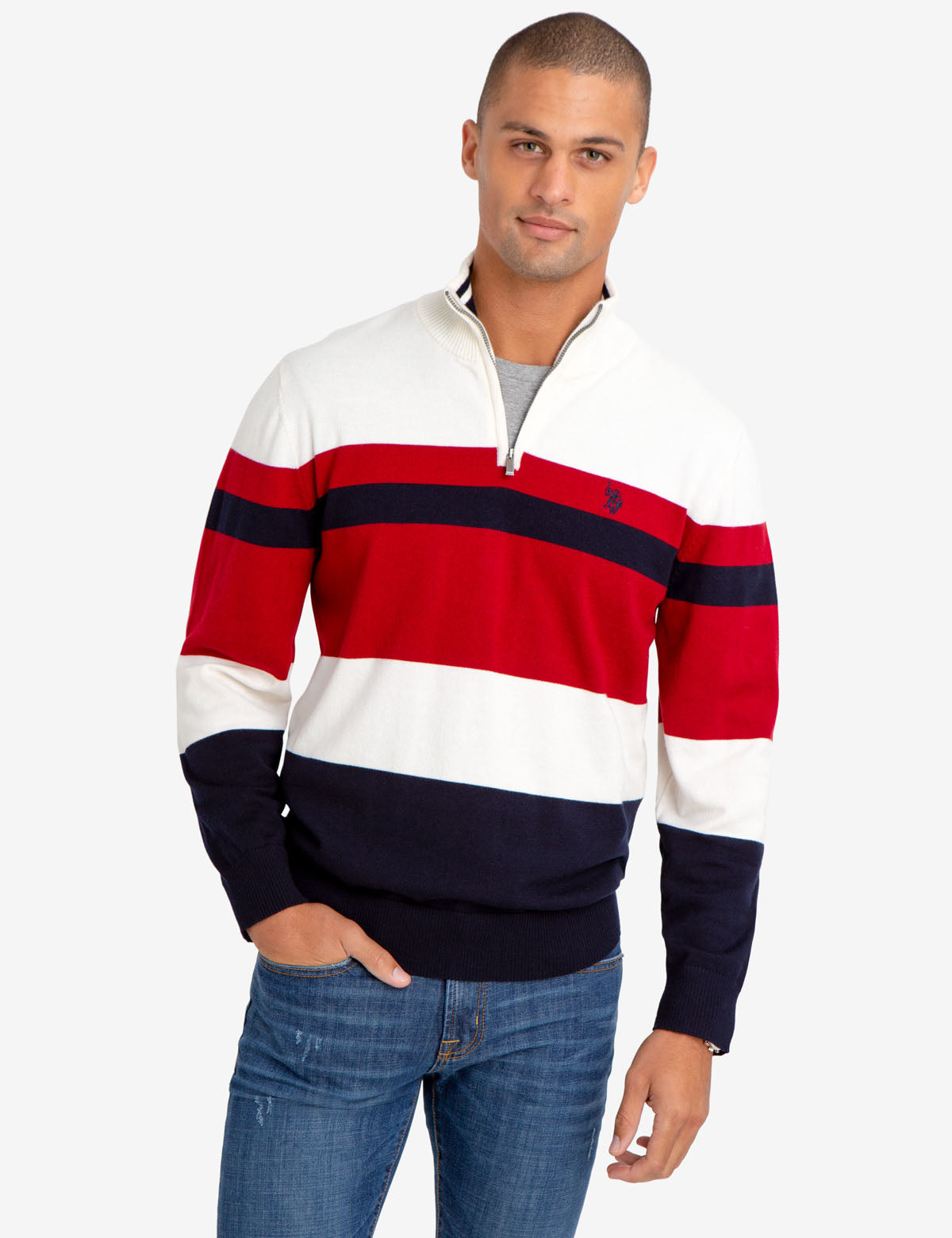 Men's Striped Quarter Zip Sweater - Casual Pullover