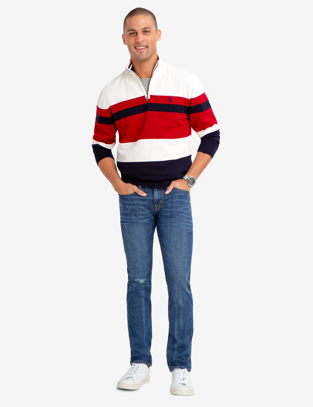 Men's Striped Quarter Zip Sweater - Casual Pullover