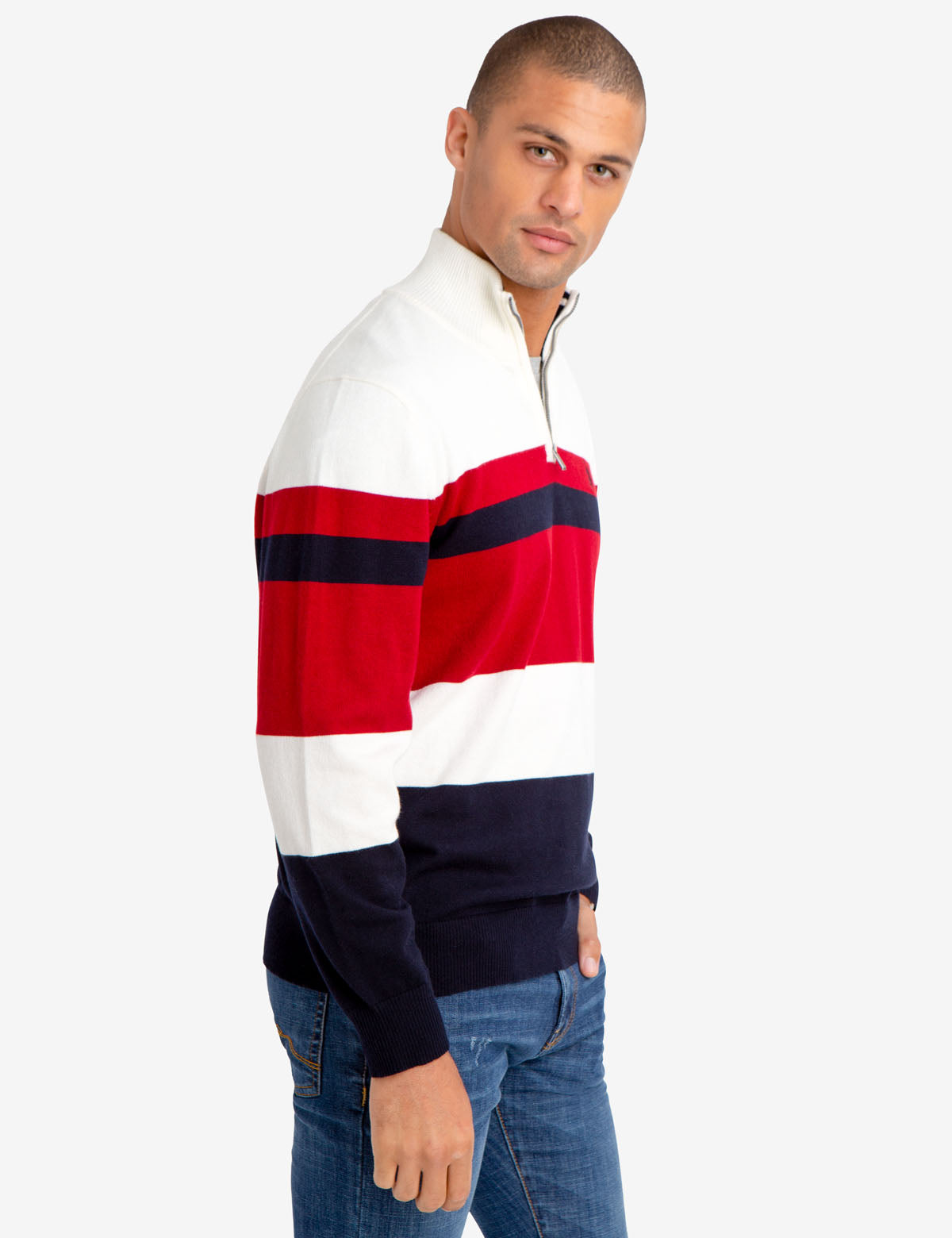 Men's Striped Quarter Zip Sweater - Casual Pullover