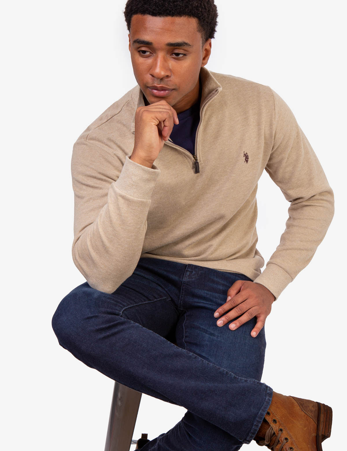 Men's Cotton Quarter Zip Sweater with Embroidered Logo