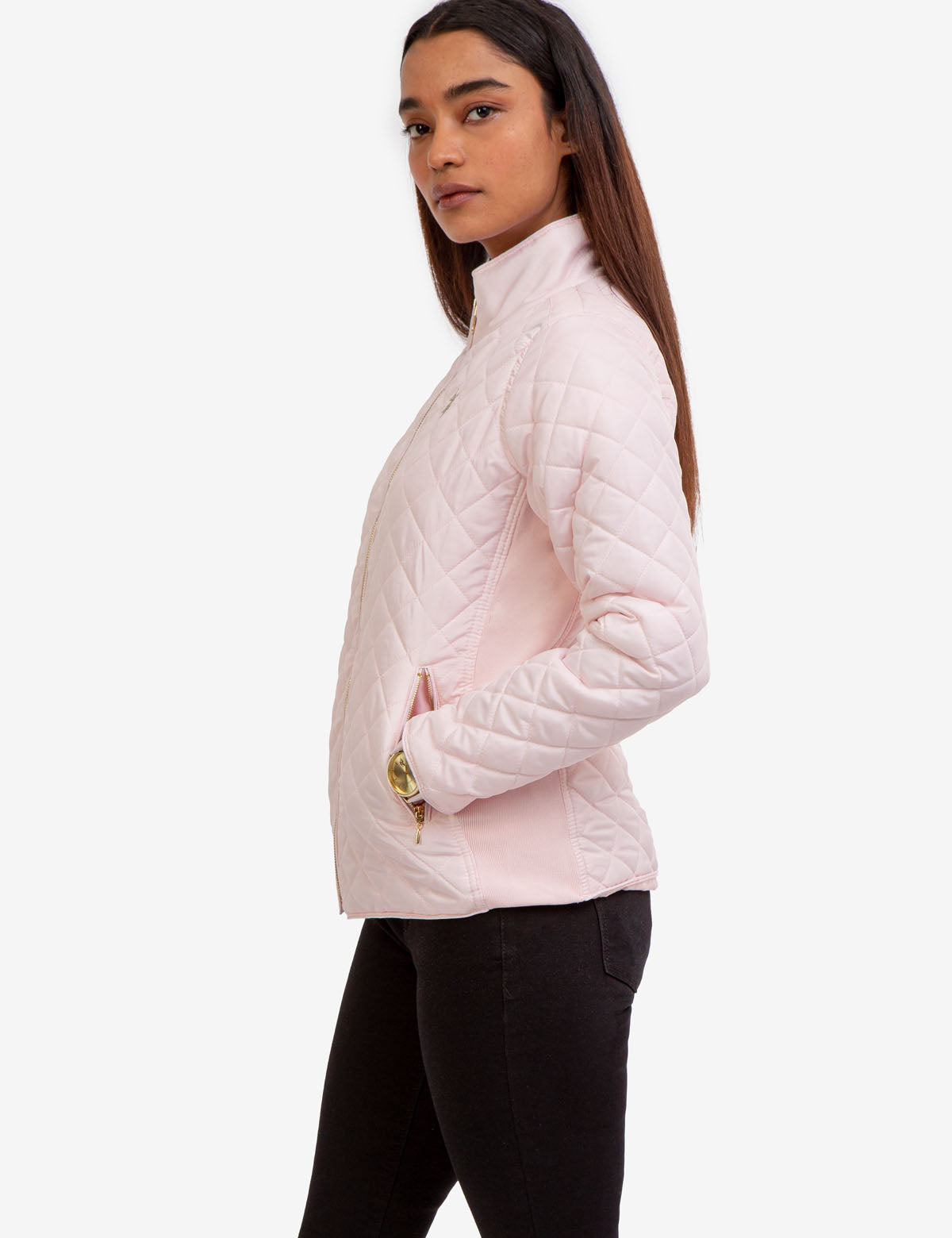 Quilted Moto Jacket with Knit Sides & Zipper Pockets