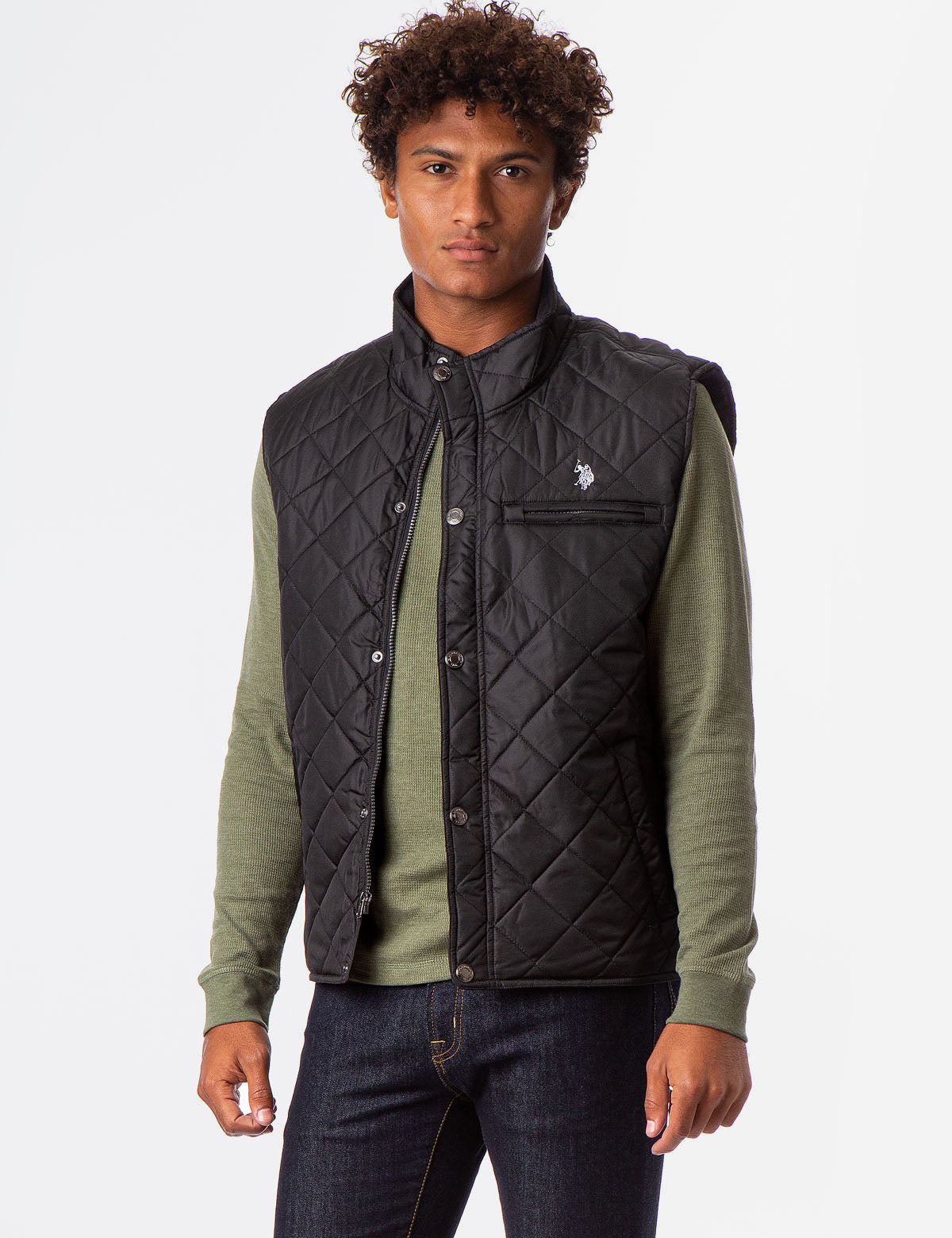 Quilted Vest with Gold Zip & Embroidered Logo - Sleeveless Mock Neck