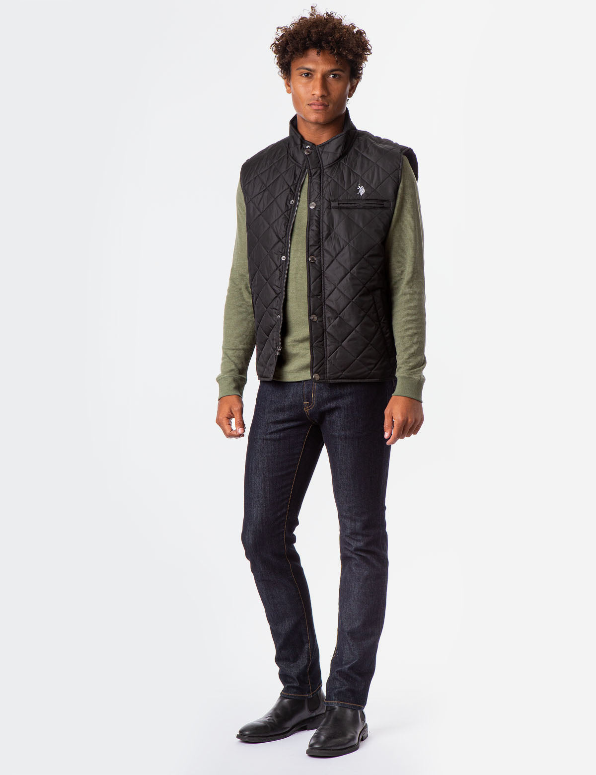 Quilted Vest with Gold Zip & Embroidered Logo - Sleeveless Mock Neck