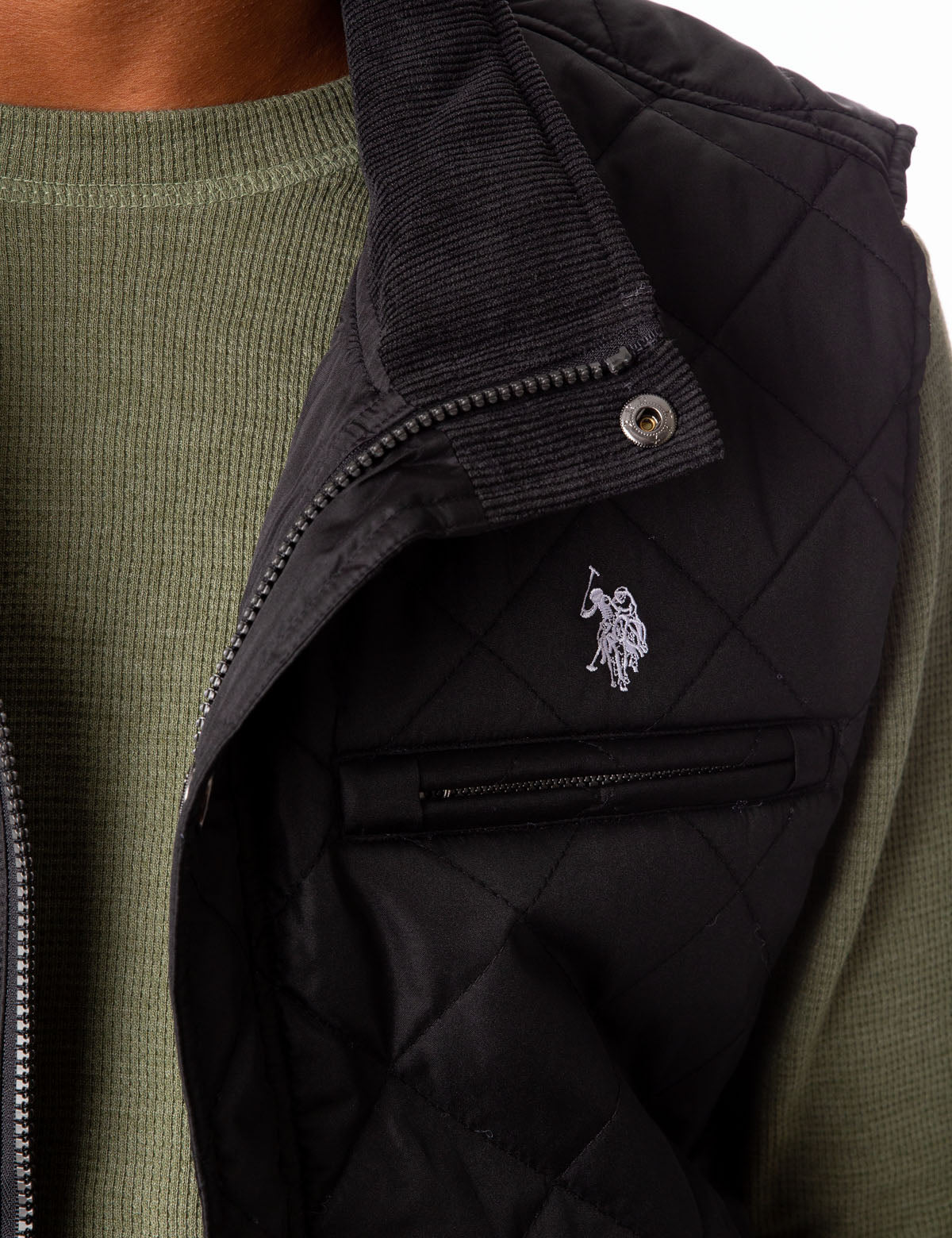 Quilted Vest with Gold Zip & Embroidered Logo - Sleeveless Mock Neck