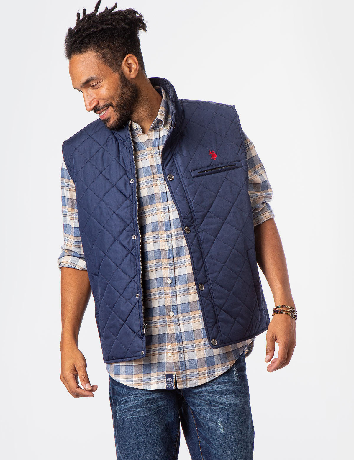Quilted Vest with Gold Zip & Embroidered Logo - Sleeveless Mock Neck