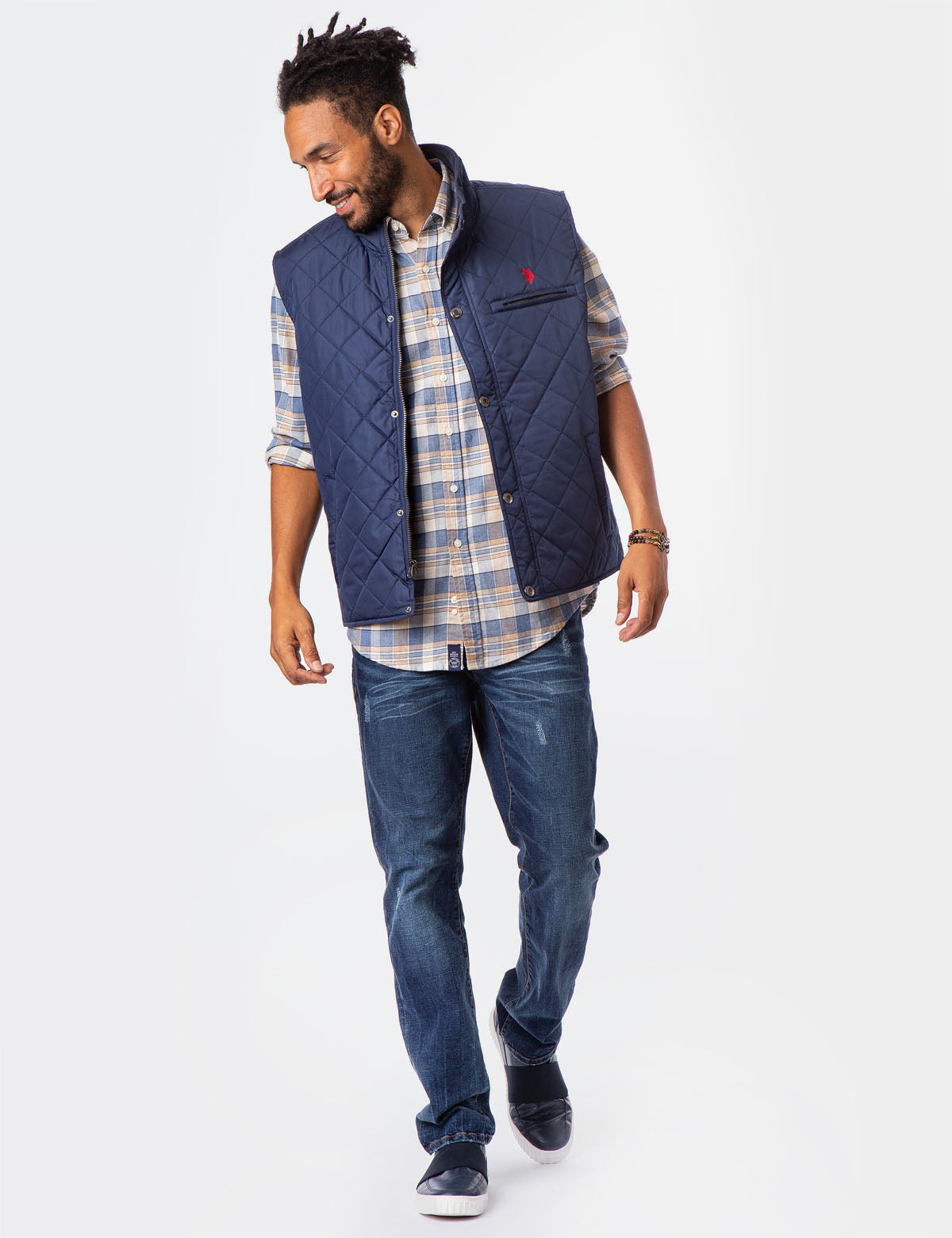 Quilted Vest with Gold Zip & Embroidered Logo - Sleeveless Mock Neck