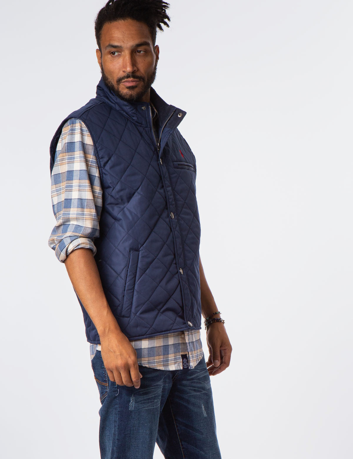 Quilted Vest with Gold Zip & Embroidered Logo - Sleeveless Mock Neck