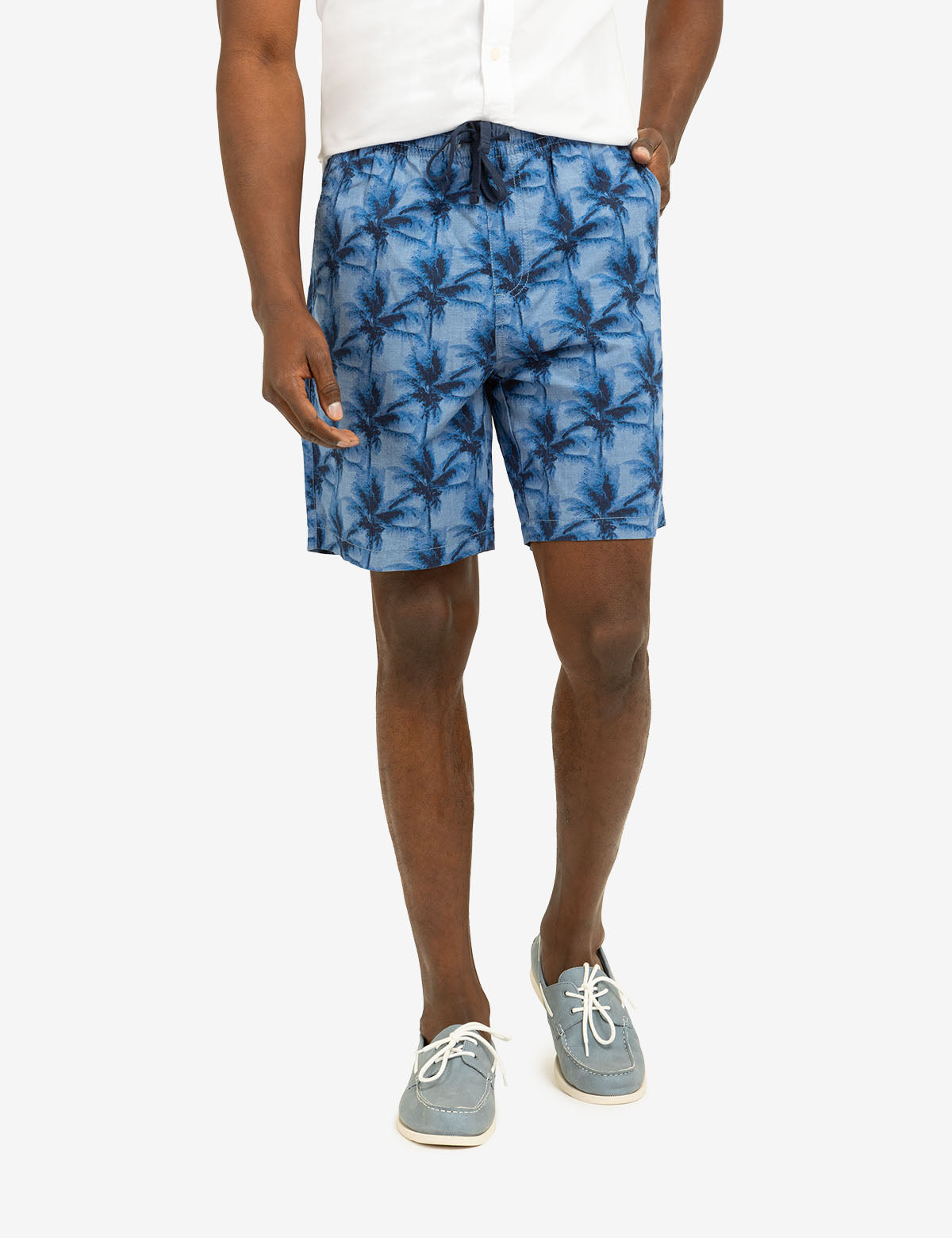 Palm Print Chambray Jogger Shorts for Men & Women