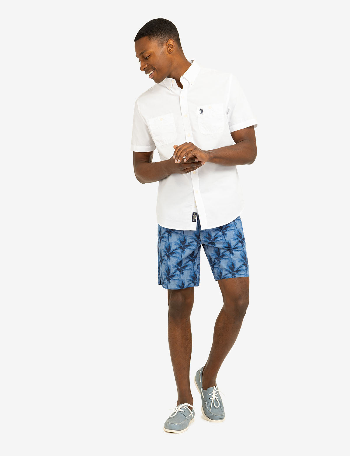 Palm Print Chambray Jogger Shorts for Men & Women