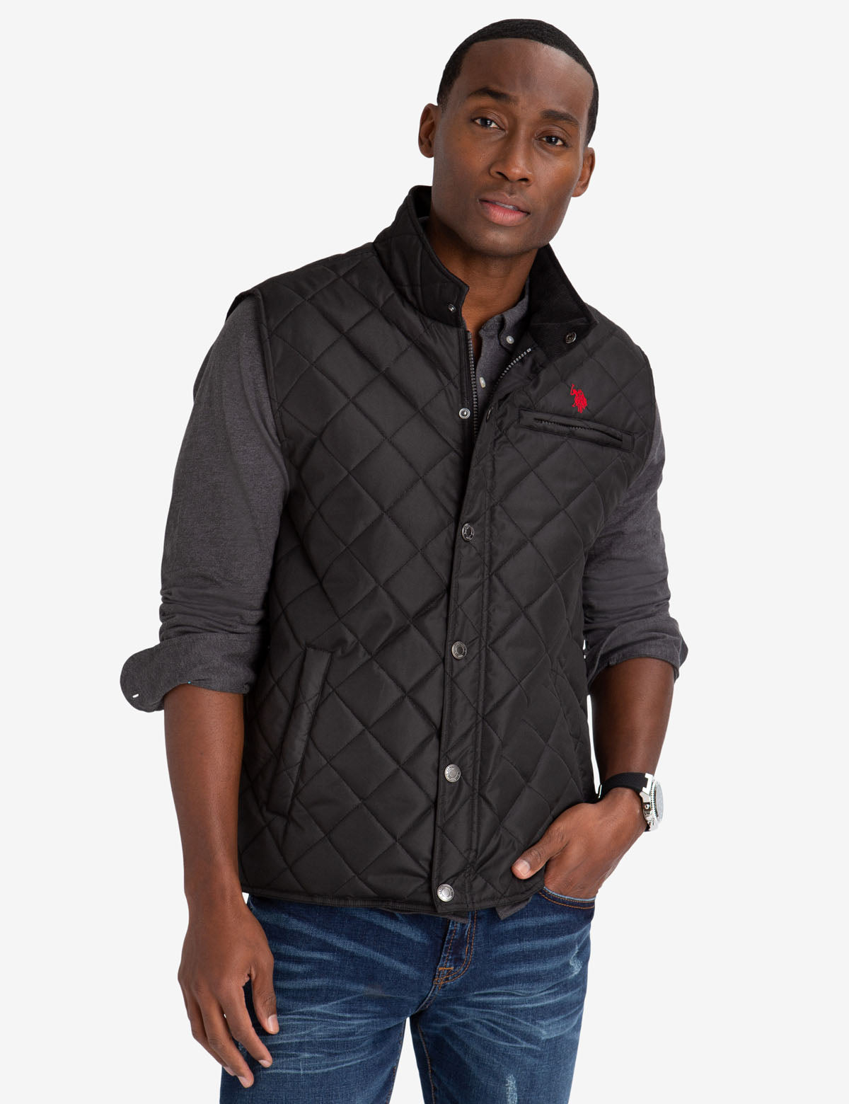 Quilted Corduroy Collar Vest – Polyester Puffer Jacket