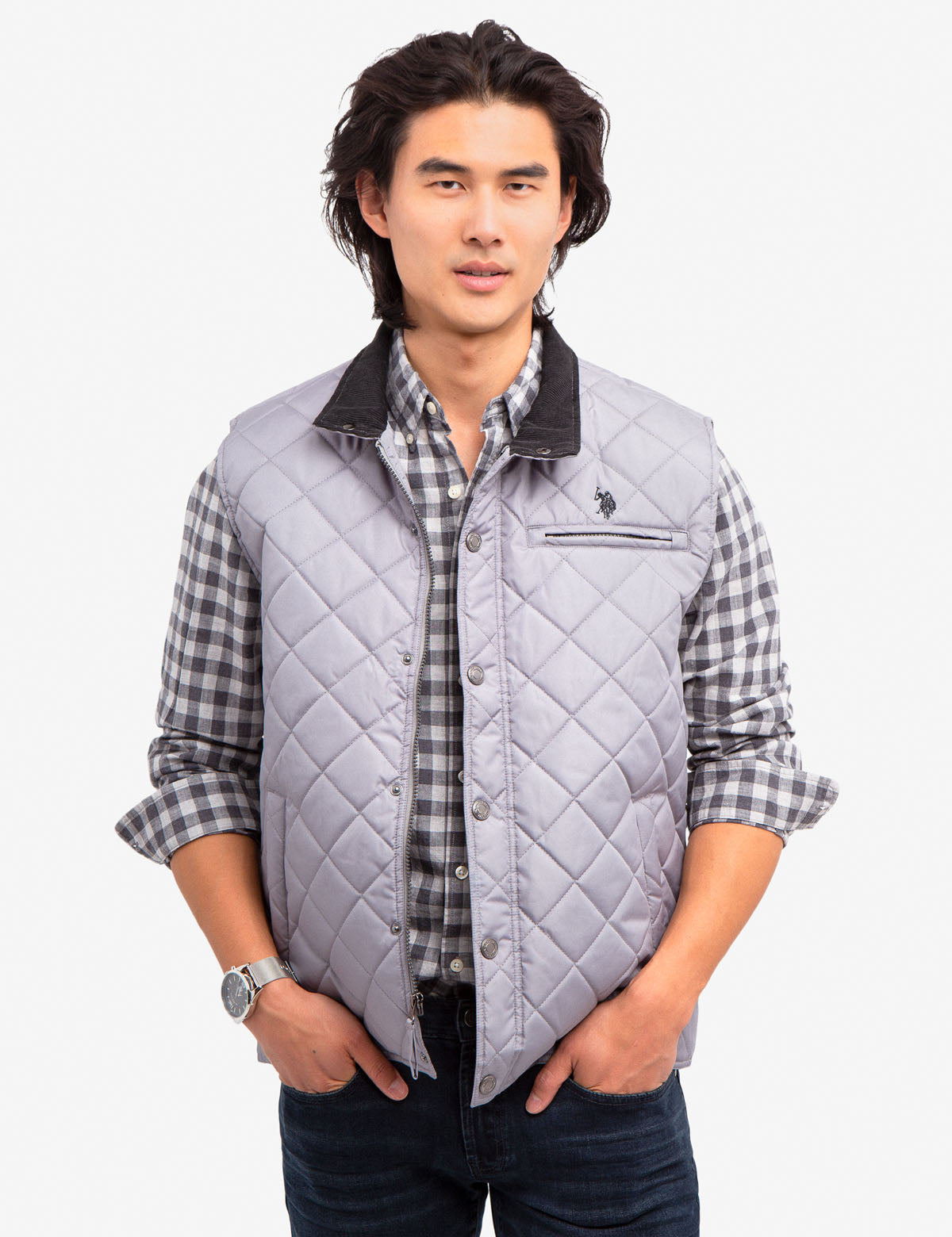 Quilted Corduroy Collar Vest – Polyester Puffer Jacket
