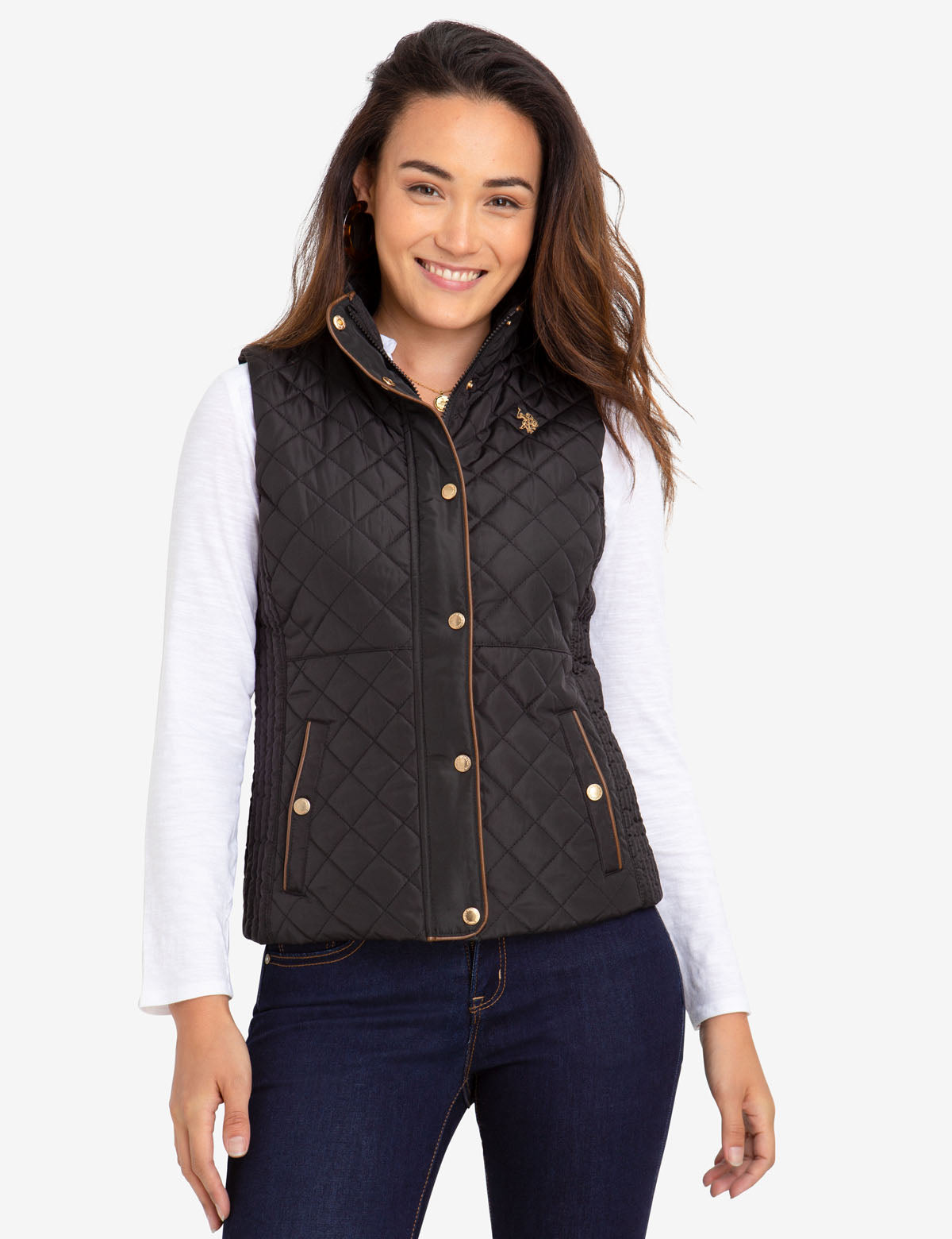 Quilted Vest with Faux Leather Piping & Zipper Closure