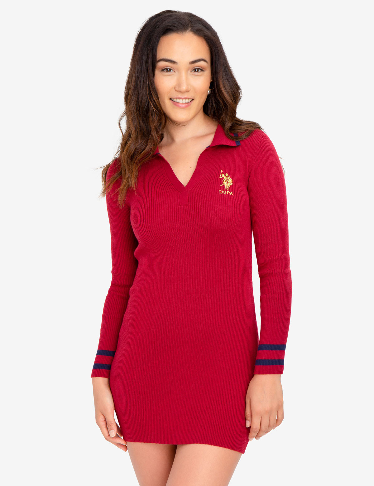 Red V-Neck Sweater Dress with Gold Embroidered Logo