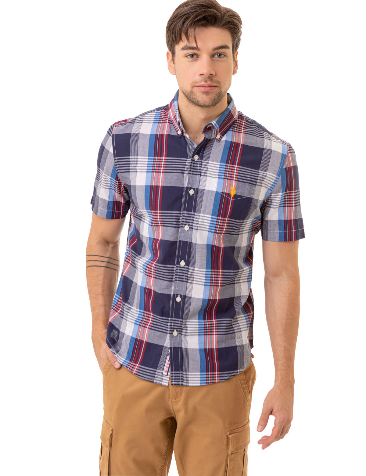 Red White Blue Madras Plaid Woven Shirt