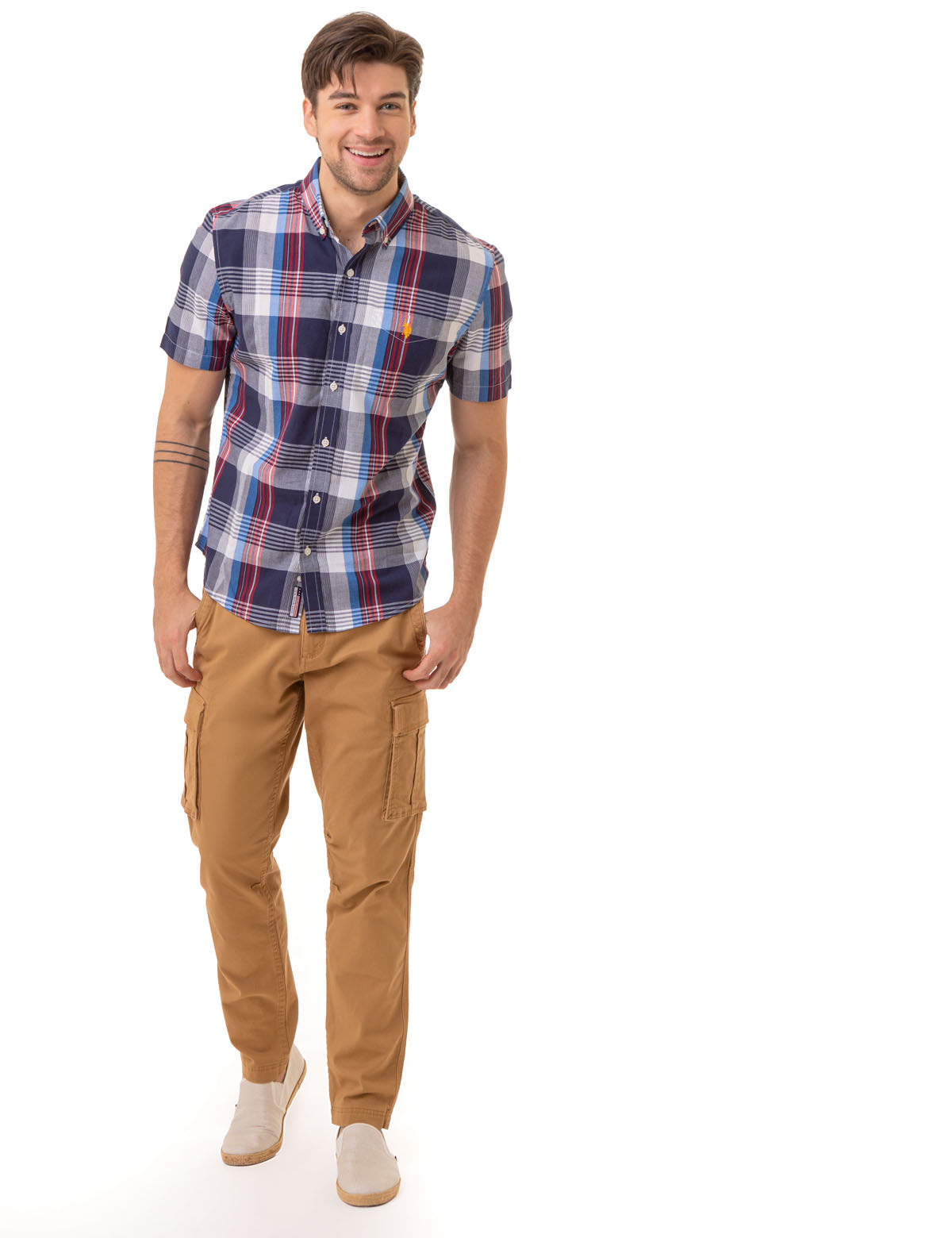 Red White Blue Madras Plaid Woven Shirt