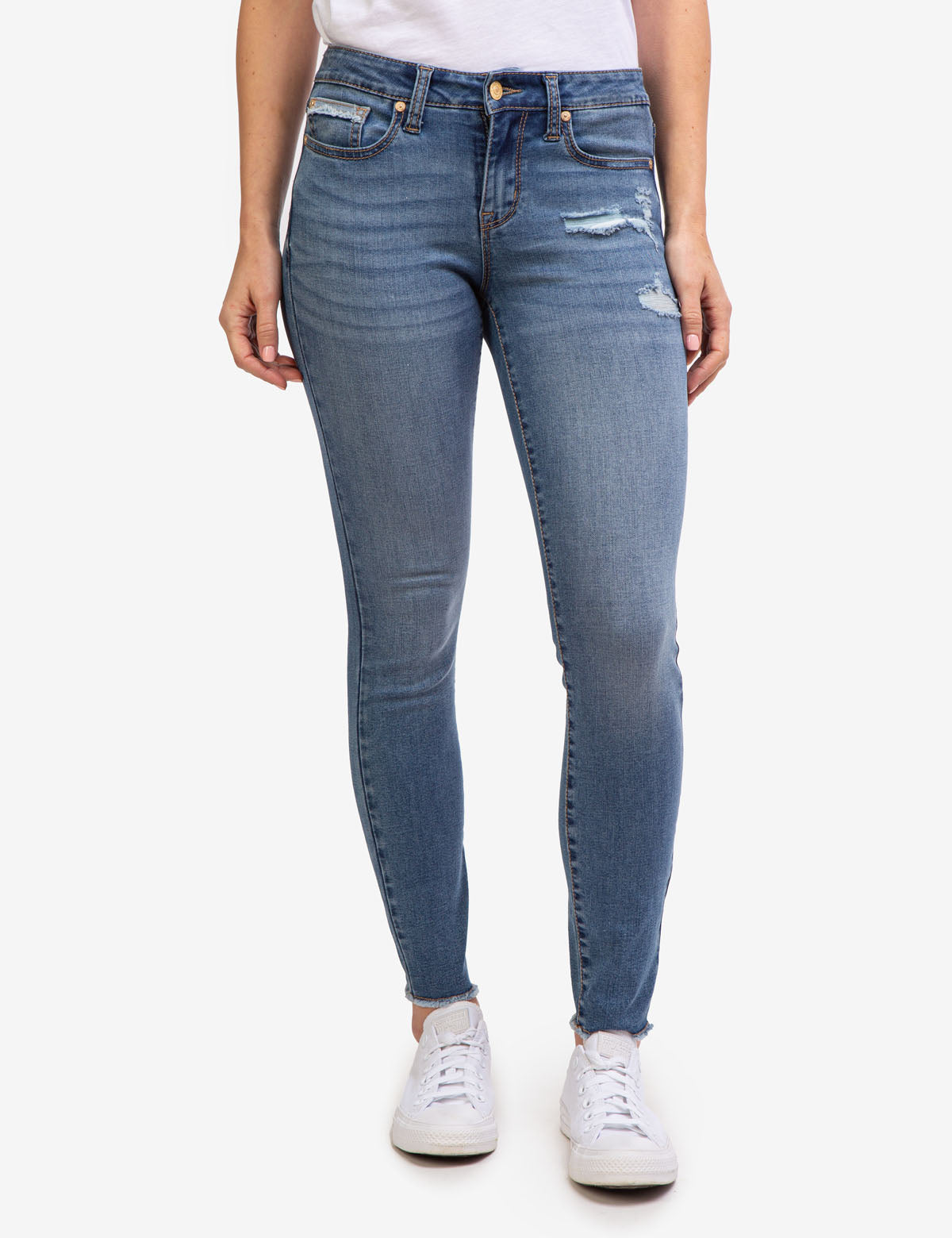 REPREVE® Mid Rise Distressed Jeans - Stretch Denim, Recycled Polyester