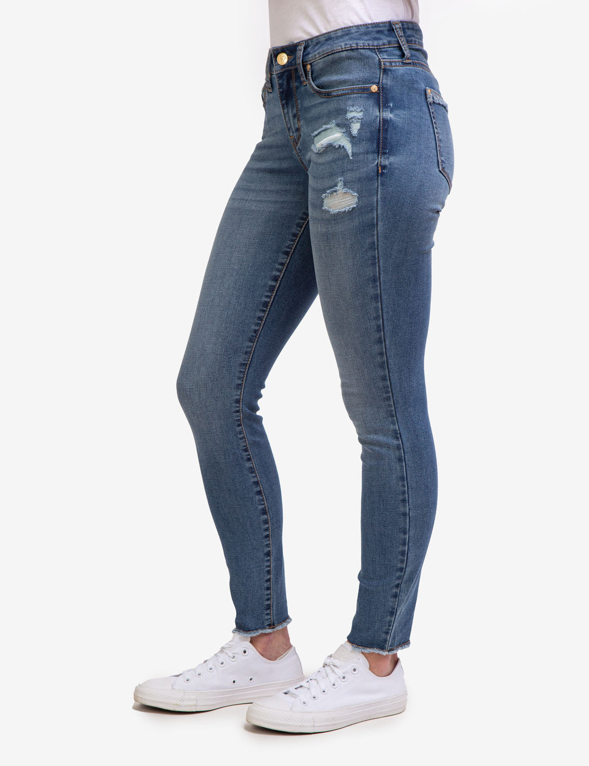 REPREVE® Mid Rise Distressed Jeans - Stretch Denim, Recycled Polyester