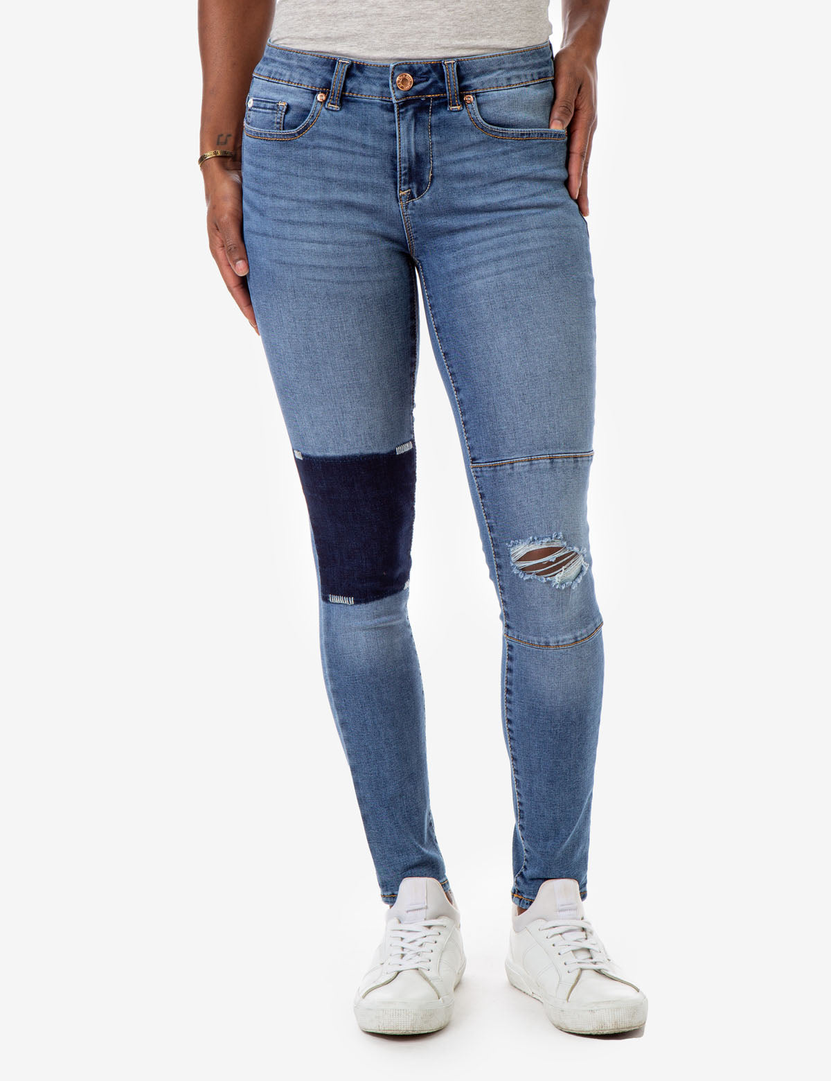 REPREVE® Eco-Friendly Mid Rise Patchwork Jeans - Stretch Denim