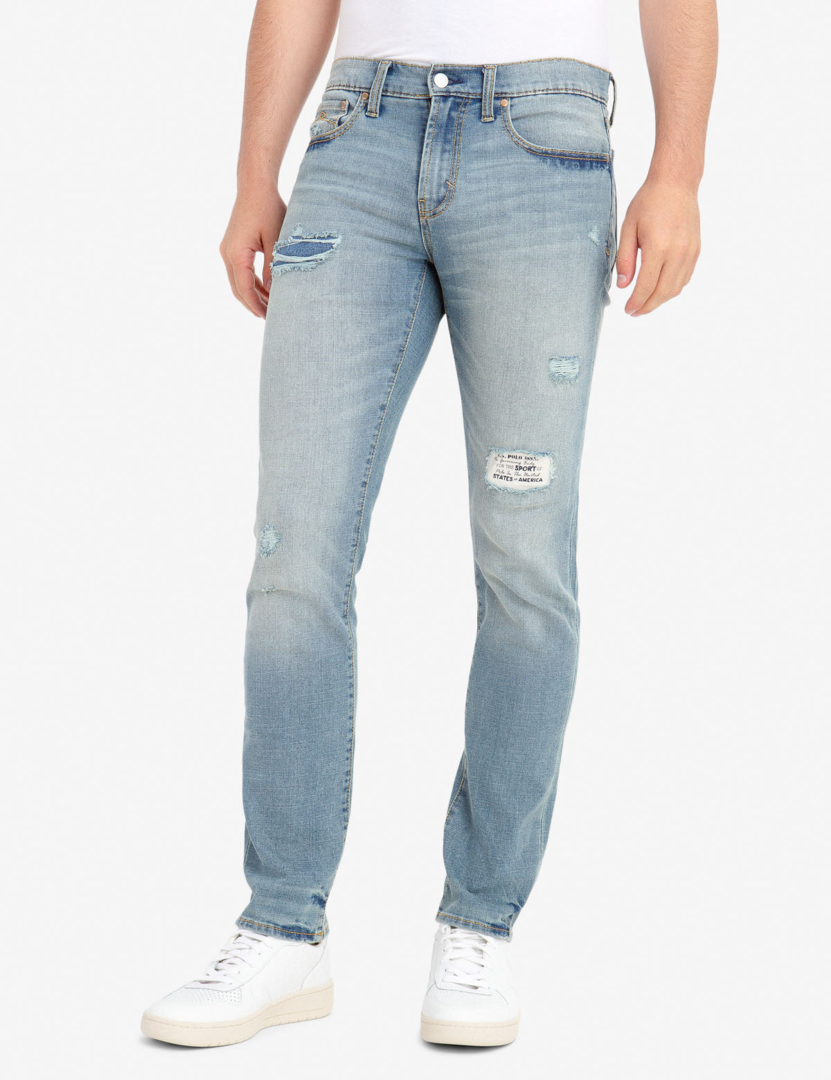 REPREVE® Eco-Friendly Skinny Distressed Jeans with Patch Repair