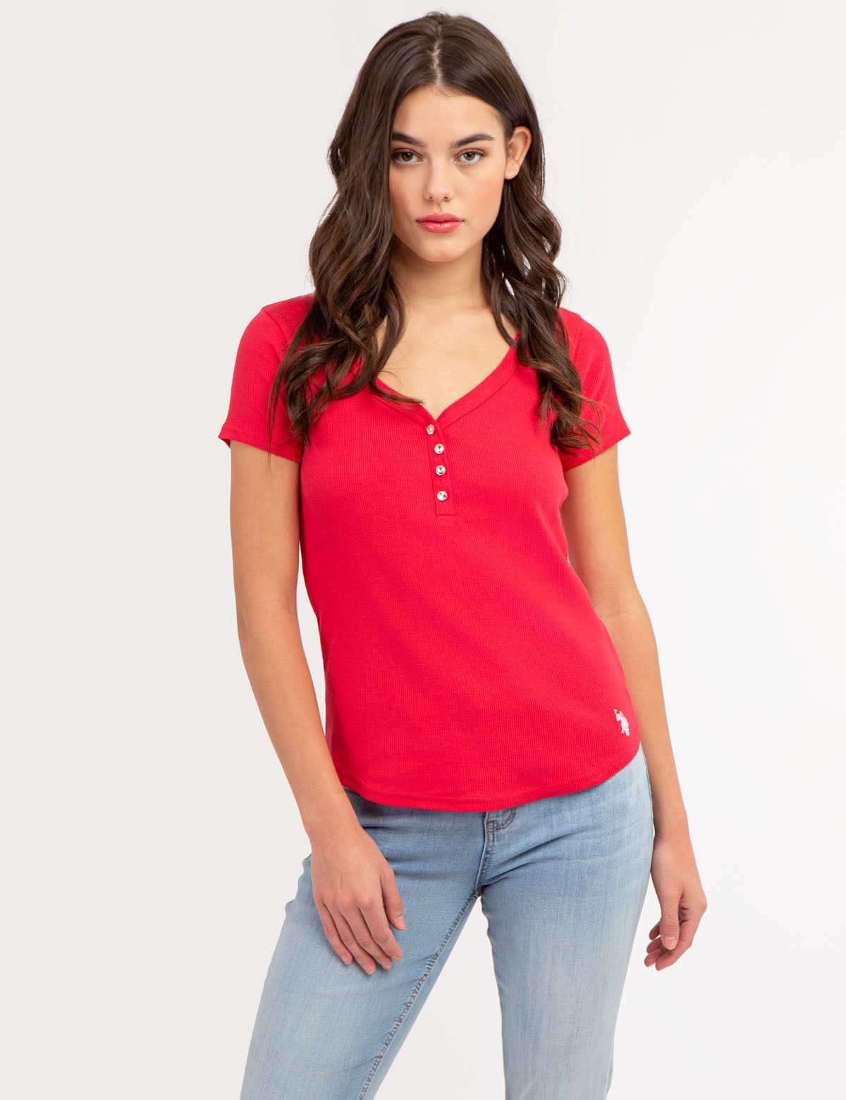 Rhinestone Button Henley Top - Sparkling Short Sleeve Shirt