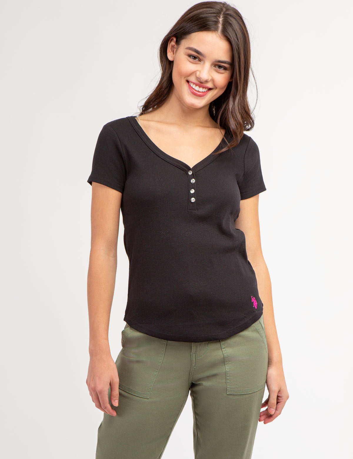 Rhinestone Button Henley Top - Sparkling Short Sleeve Shirt