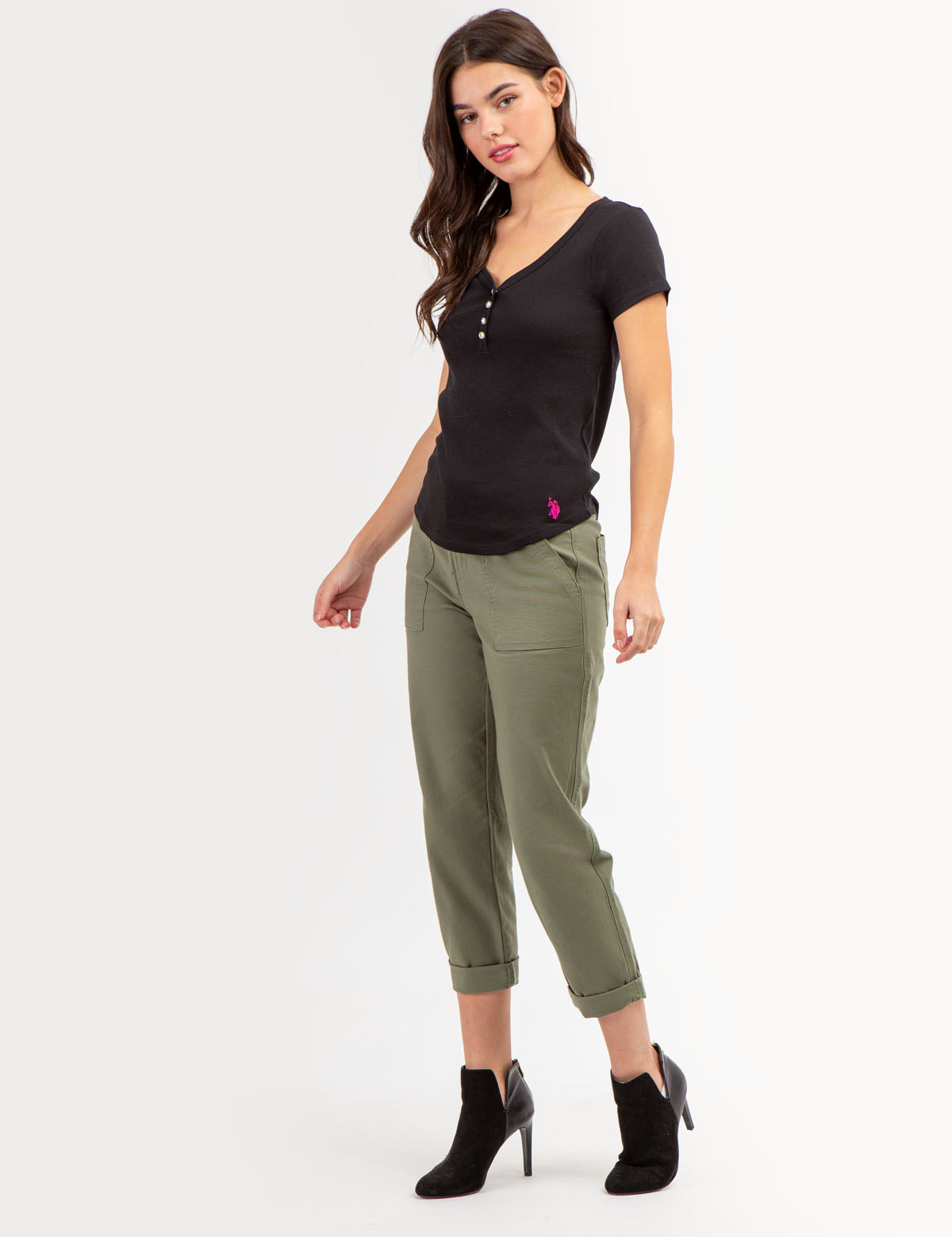 Rhinestone Button Henley Top - Sparkling Short Sleeve Shirt