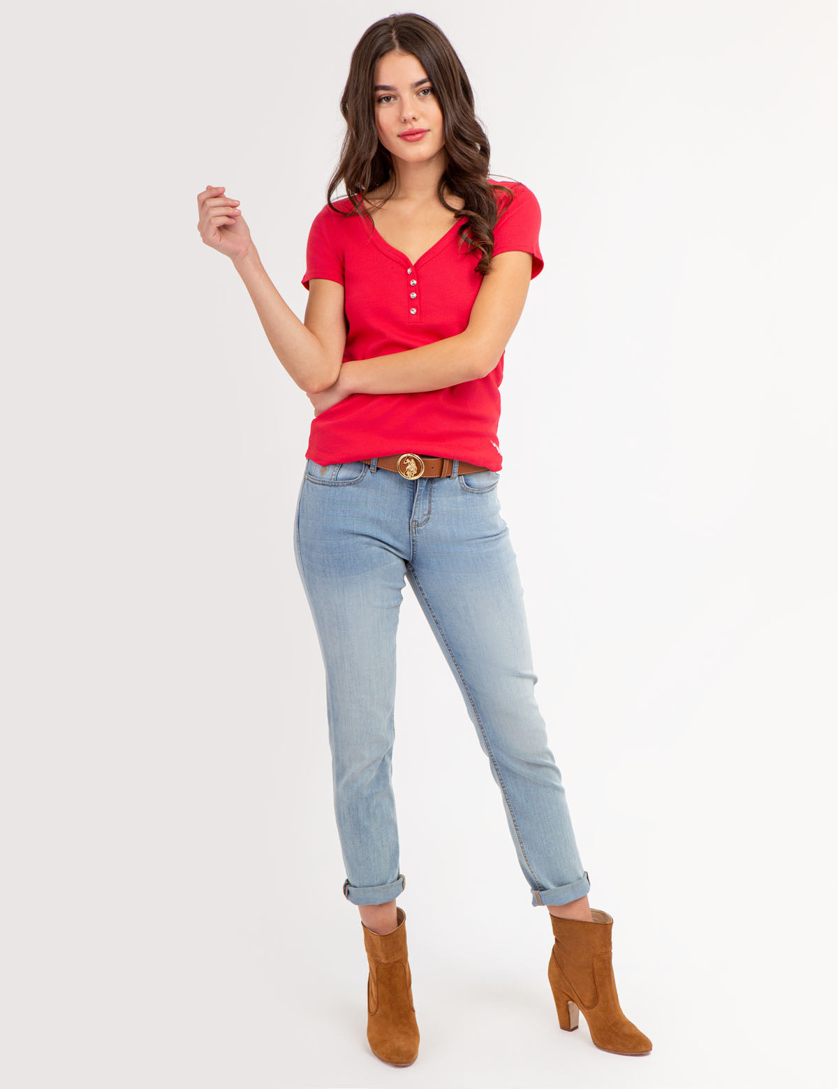Rhinestone Button Henley Top - Sparkling Short Sleeve Shirt