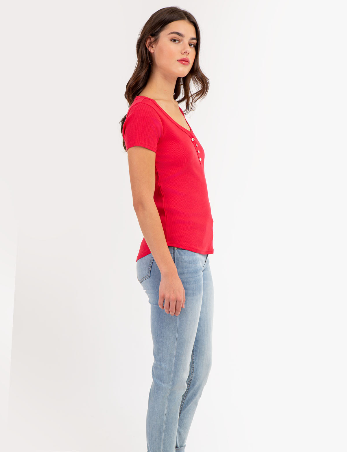 Rhinestone Button Henley Top - Sparkling Short Sleeve Shirt