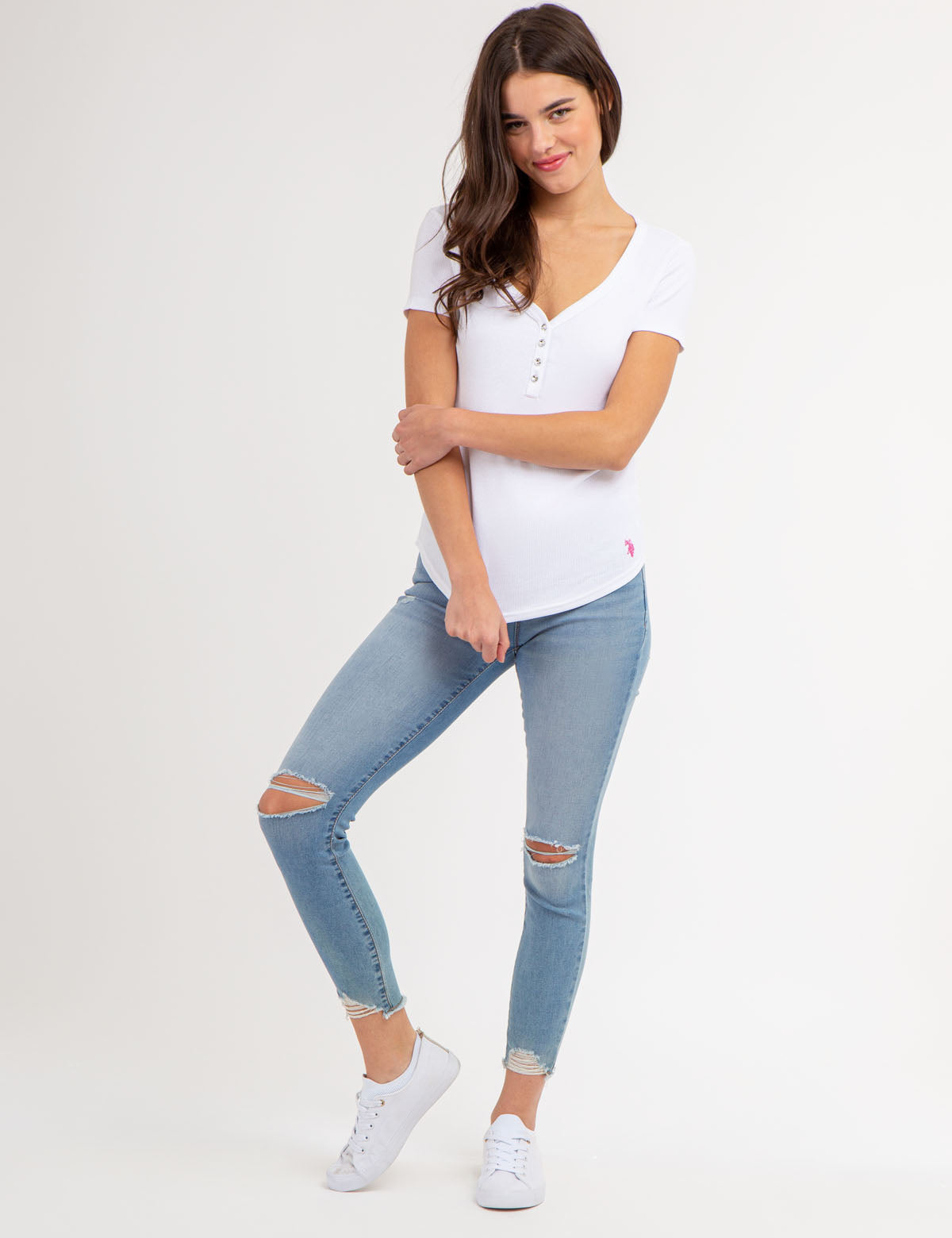 Rhinestone Button Henley Top - Sparkling Short Sleeve Shirt