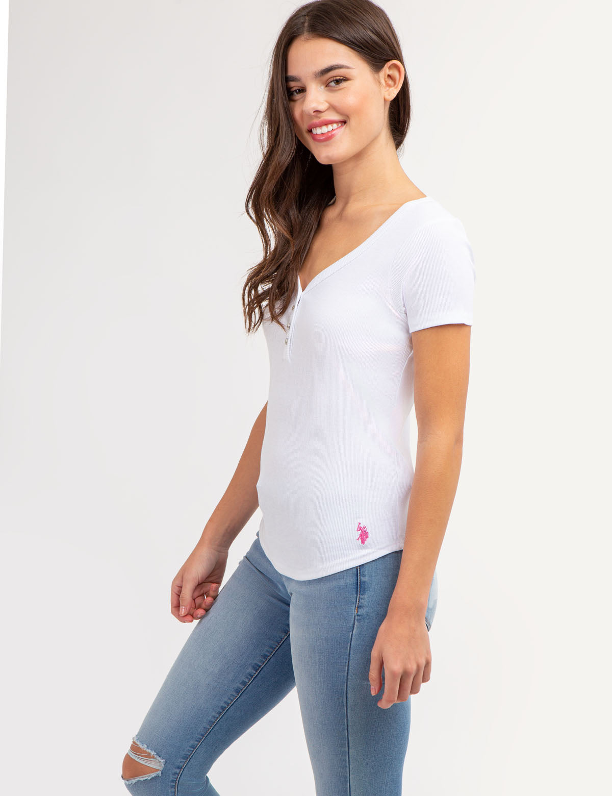 Rhinestone Button Henley Top - Sparkling Short Sleeve Shirt
