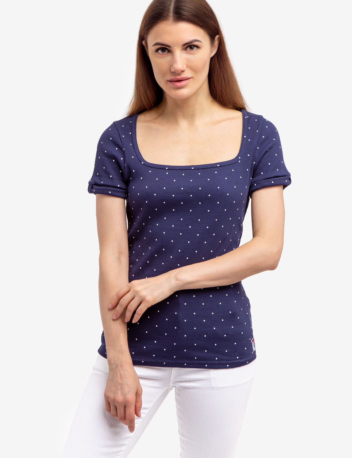 Square Neck Ribbed T-Shirt with Dot Detail