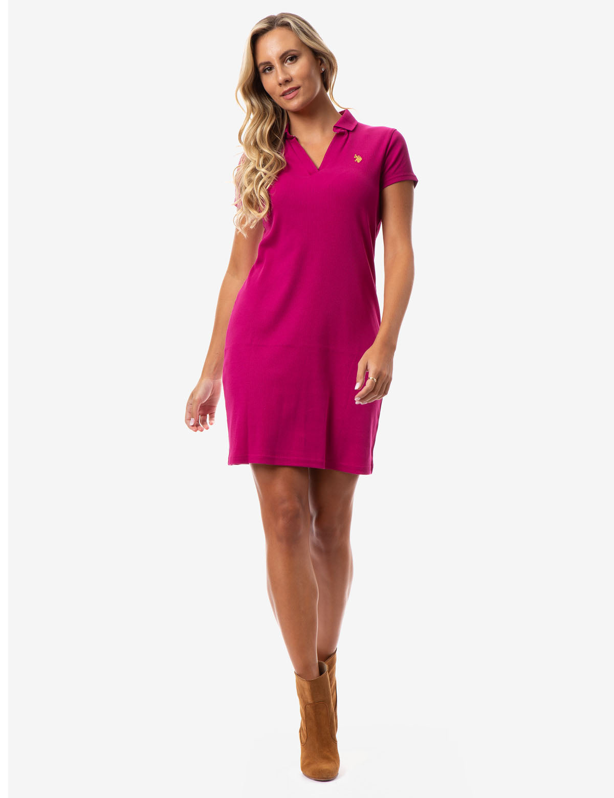 Ribbed V-Neck Polo Dress with Short Sleeves & Embroidered Logo