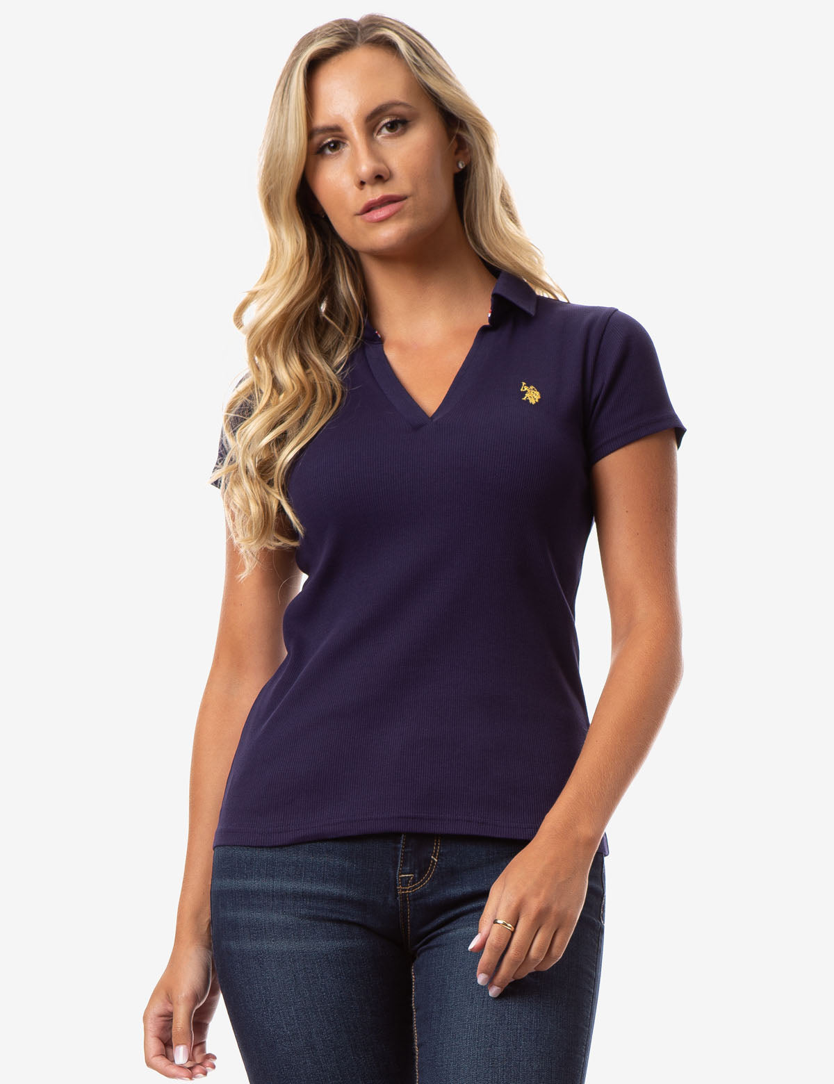 Ribbed V-Neck Polo Shirt with Embroidered Logo