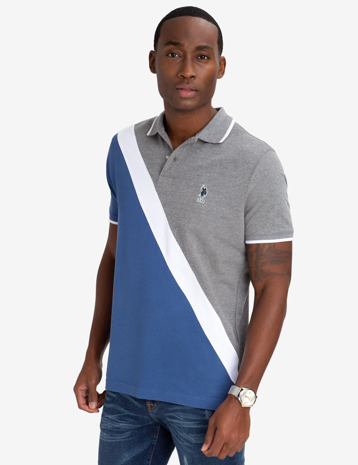 Men's Cotton Polo Shirt with Rubber Logo & Stripe Design