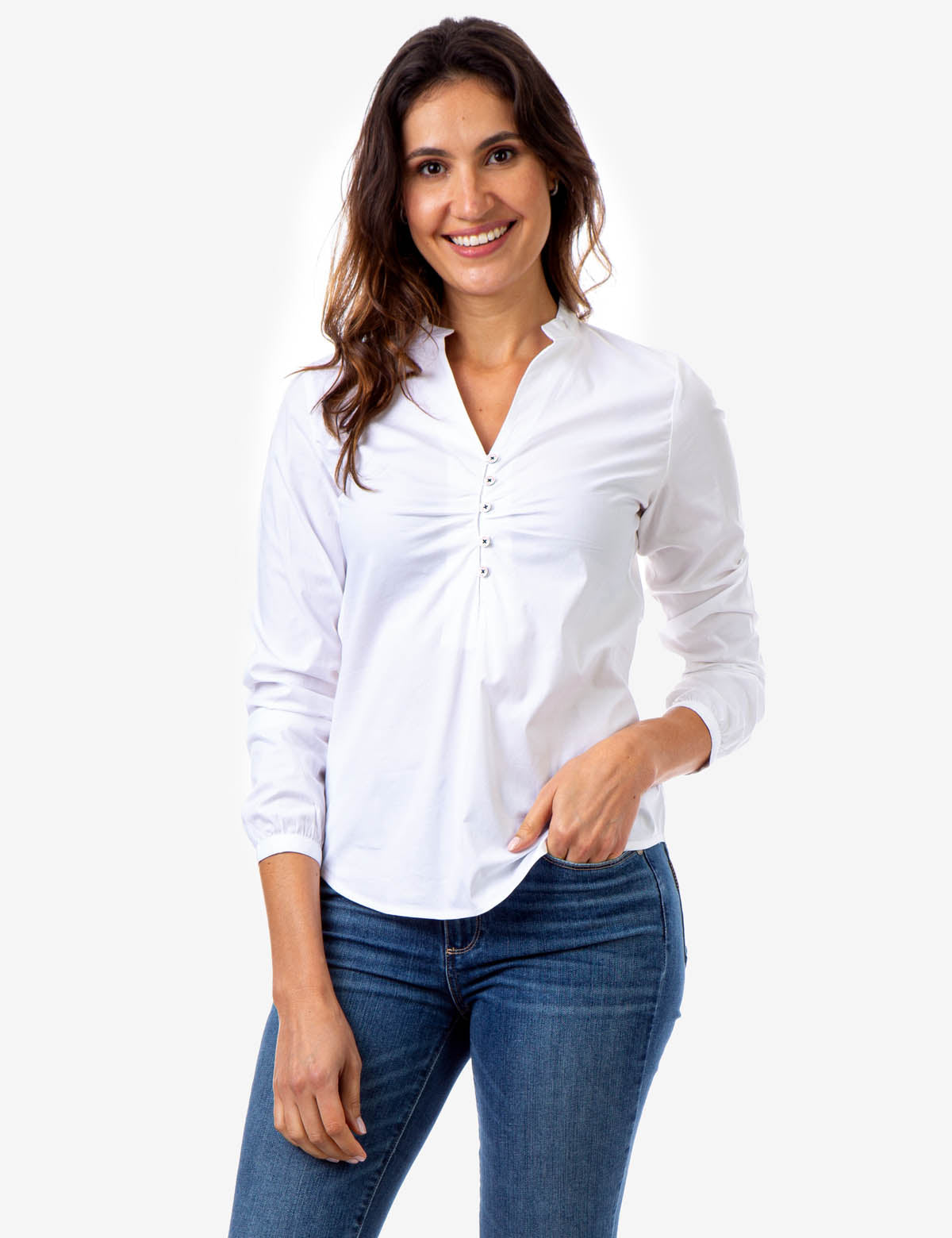 U.S. Polo Assn. Ruched Button Front Shirt with V-Neck