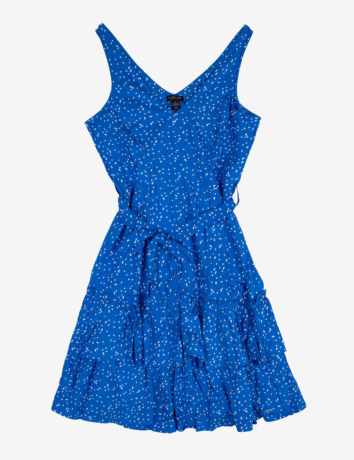 Women's Ruffle Dot Dress with V-Neck & Tie Waist