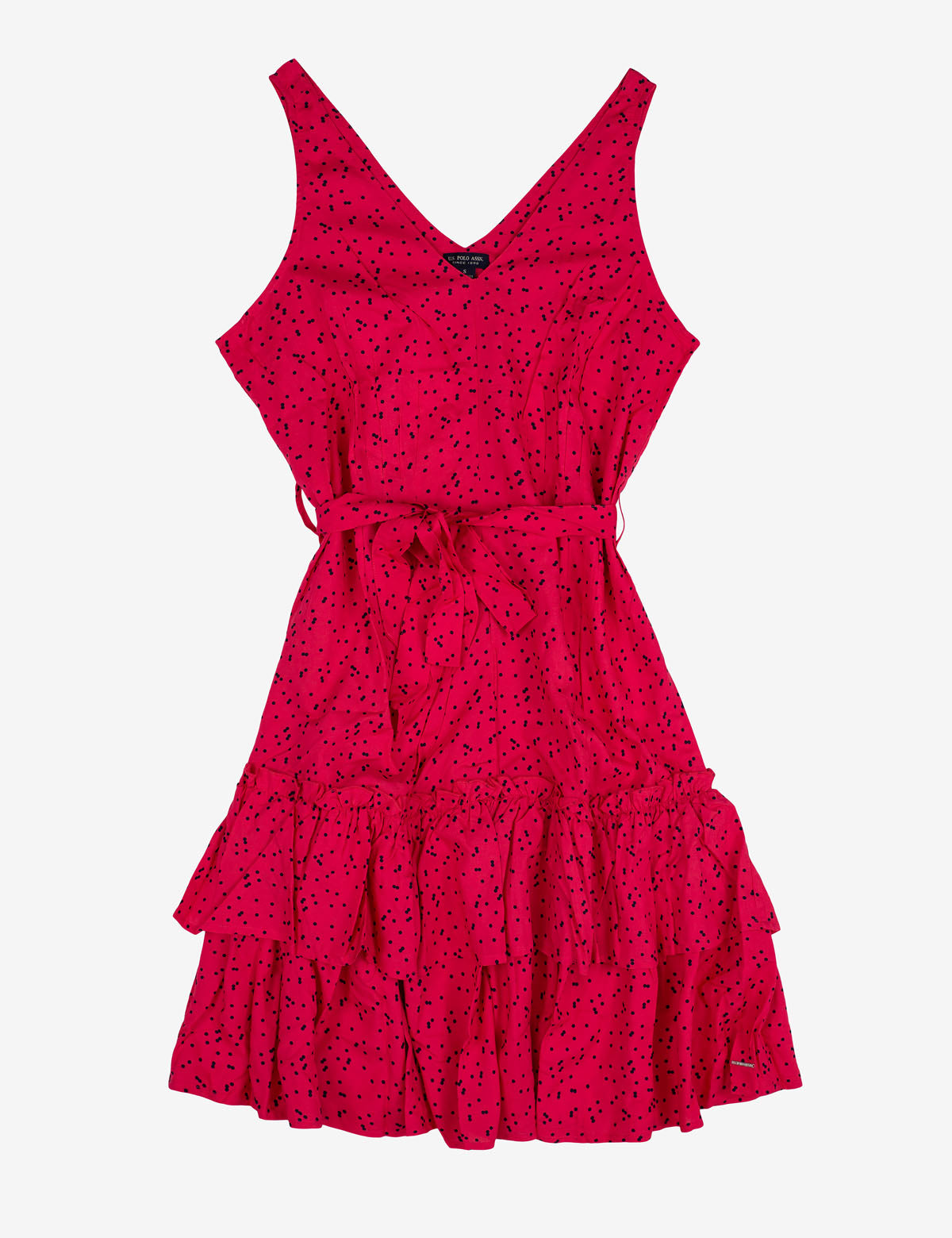 Women's Ruffle Dot Dress with V-Neck & Tie Waist