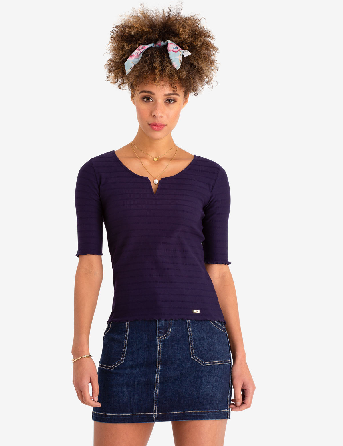 Women's V-Neck Ruffle Hem Blouse with Half Sleeves