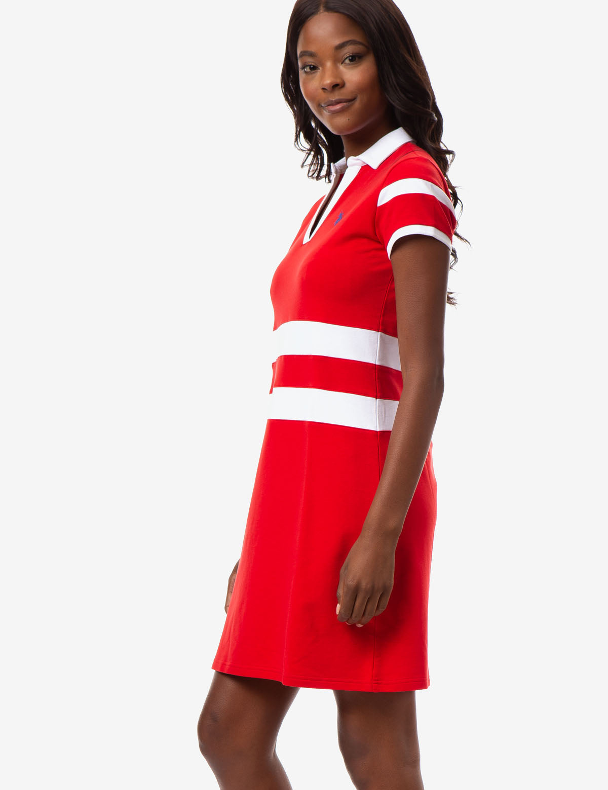 Women's Rugby Stripe Polo Dress with V-Neck & Short Sleeves